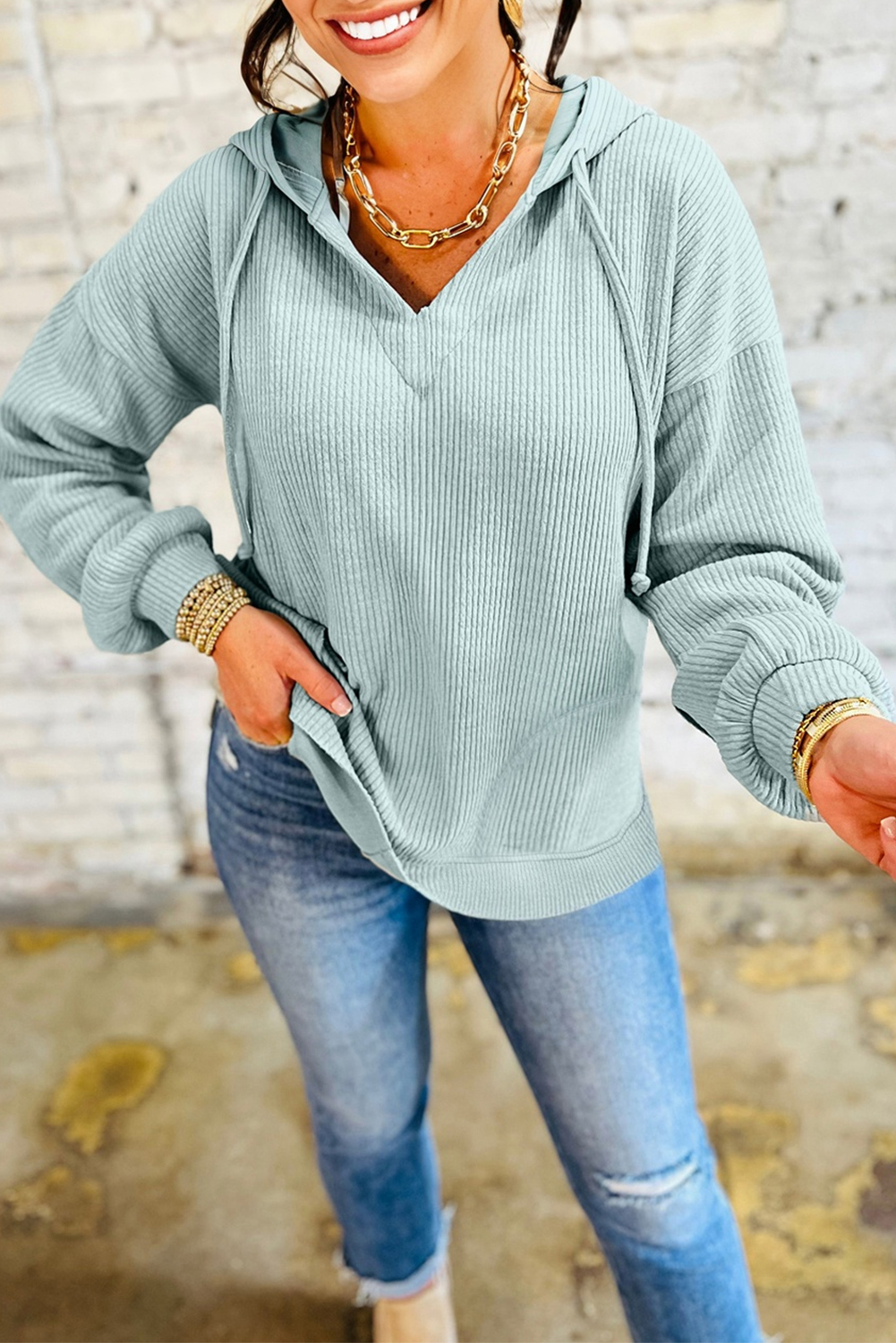 Clearly Aqua Ribbed Drop Shoulder Knit Hoodie - loveforevers