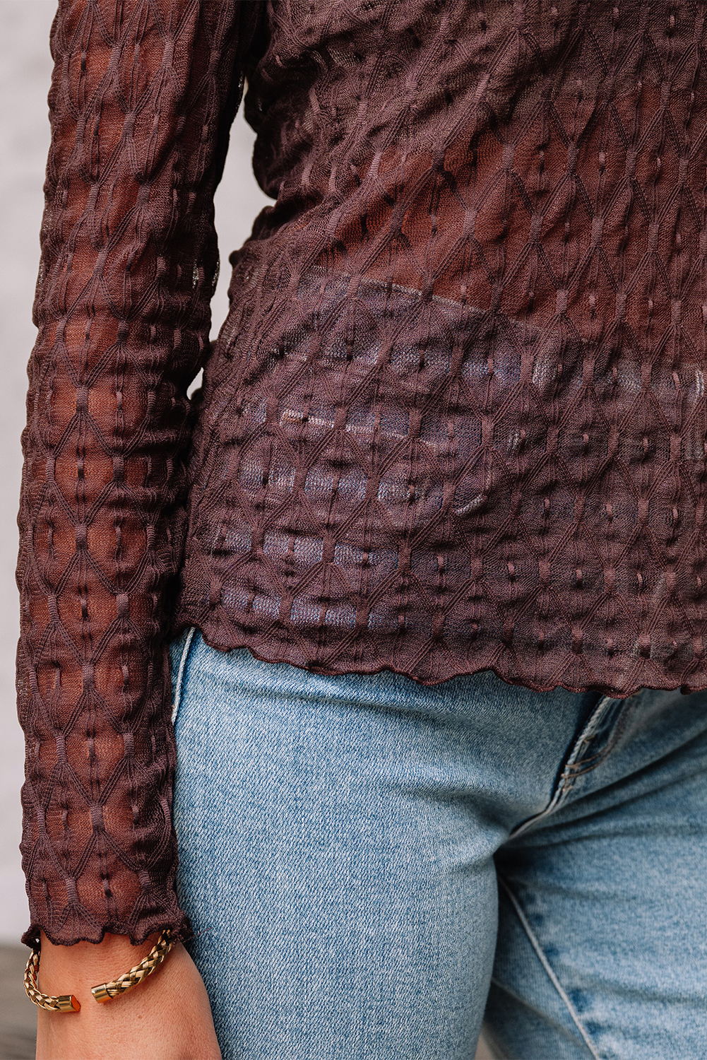 Coffee Sheer Mesh Patterned Lettuce Trim Slim Long Sleeve Top - loveforevers