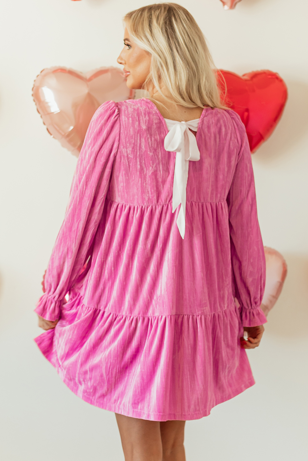 Strawberry Pink Flounce Sleeve Tiered Ruffled Velvet Mini Dress - loveforevers