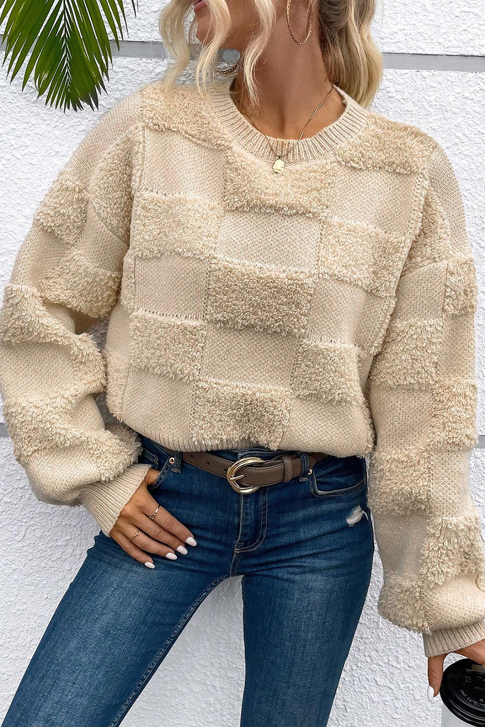 Parchment Checkered Sherpa Crew Neck Loose Sweater - loveforevers