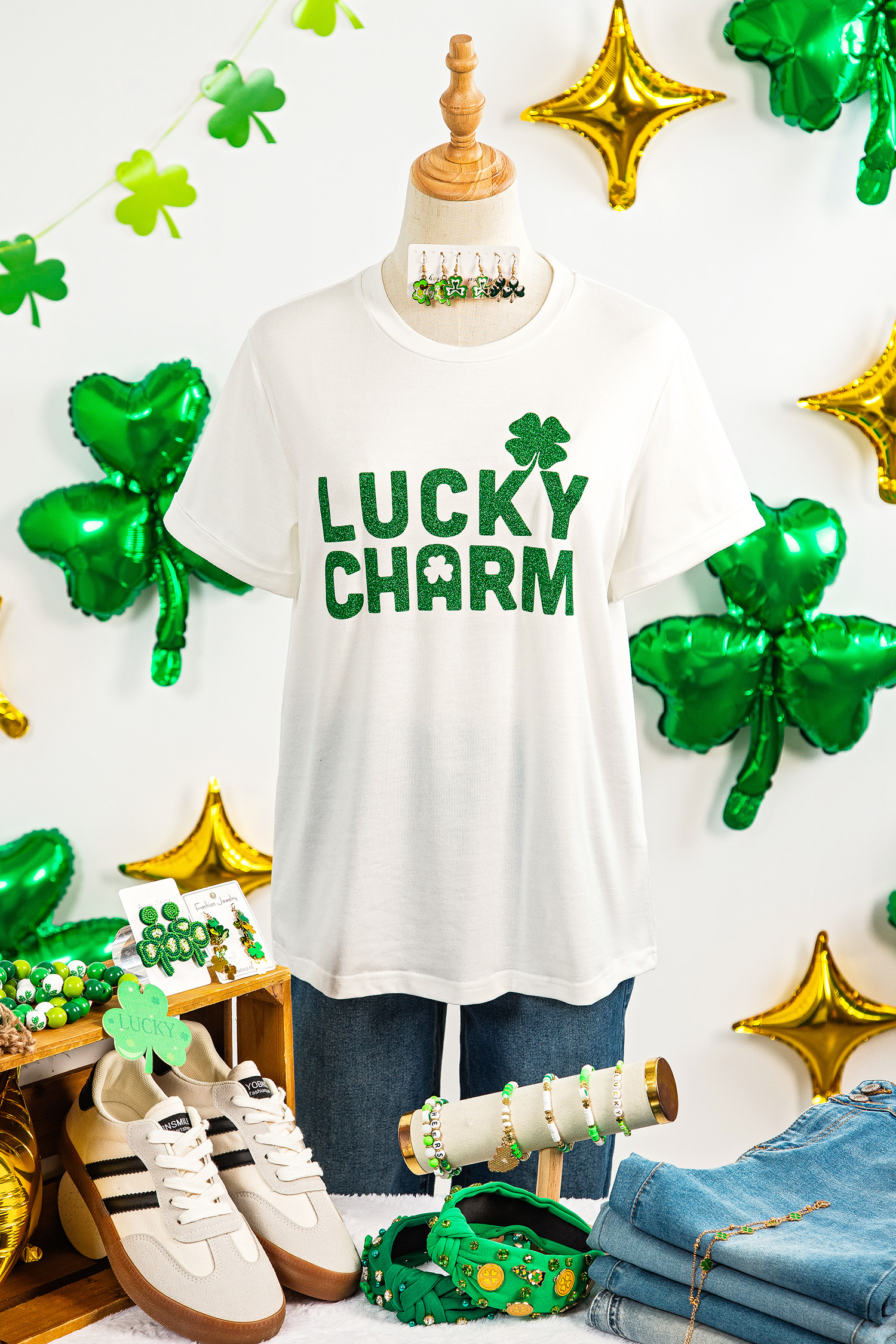 White LUCKY CHARM Shimmery Print St Patricks Day Clover T Shirt - loveforevers
