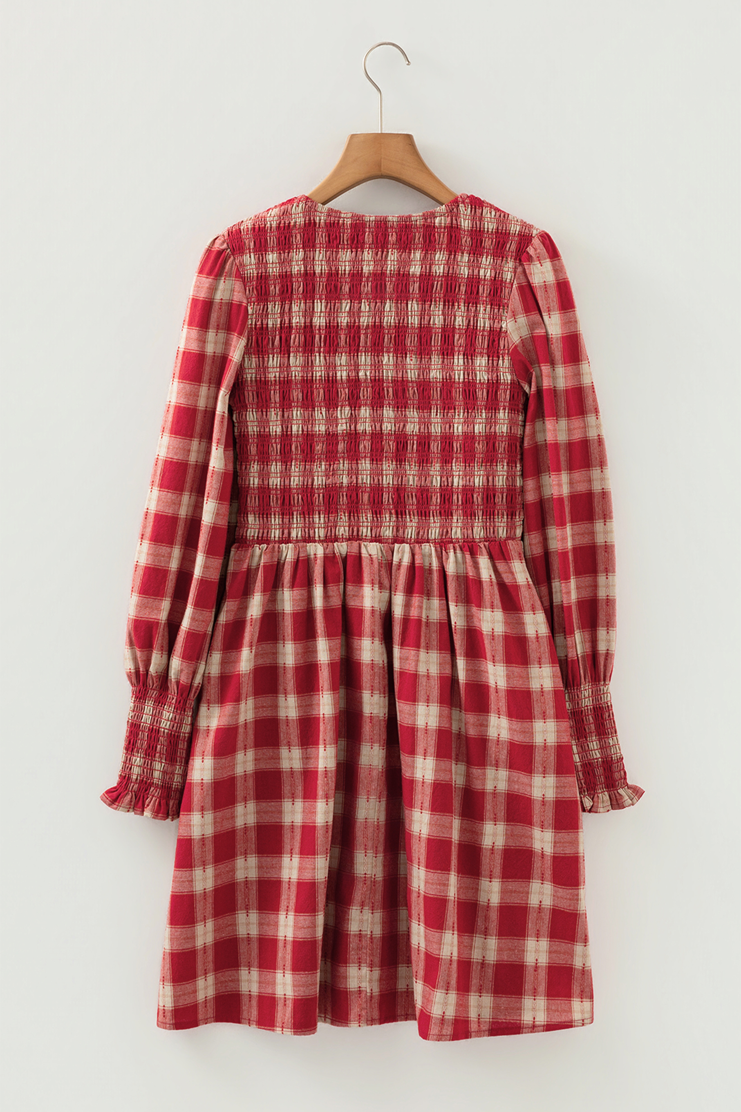 Red Plaid Print Smocked Puff Sleeve Mini Dress - loveforevers