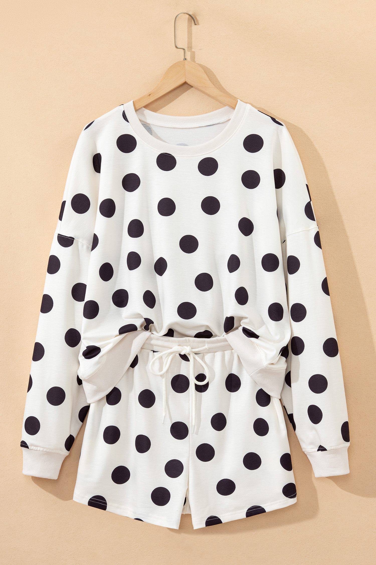 Beige Polka Dot Print Drop Shoulder Pullover Drawstring Jogger Pant Set - loveforevers