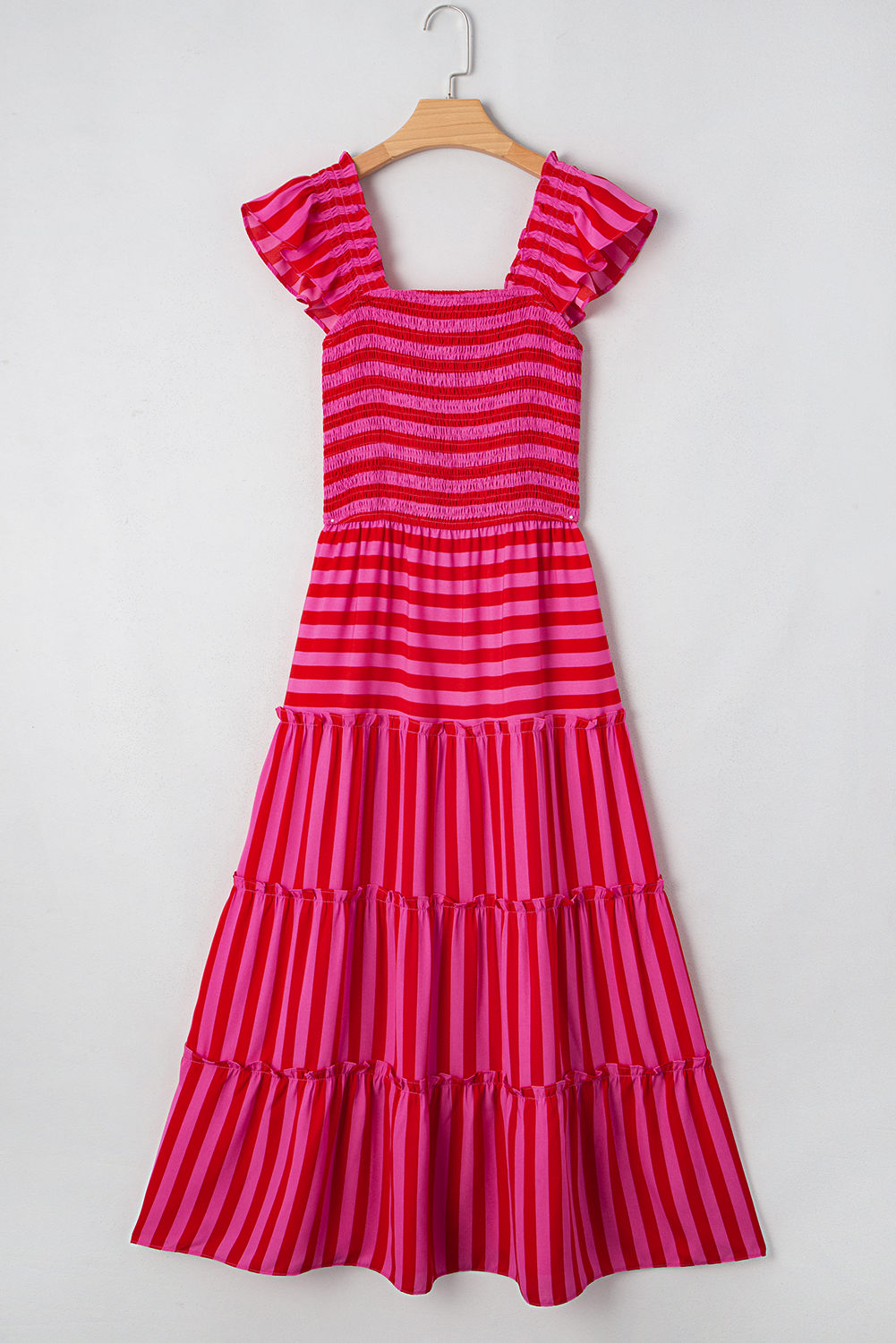 Rose Stripe Flutter Sleeve Smocked Bodice Tiered Maxi Dress - loveforevers