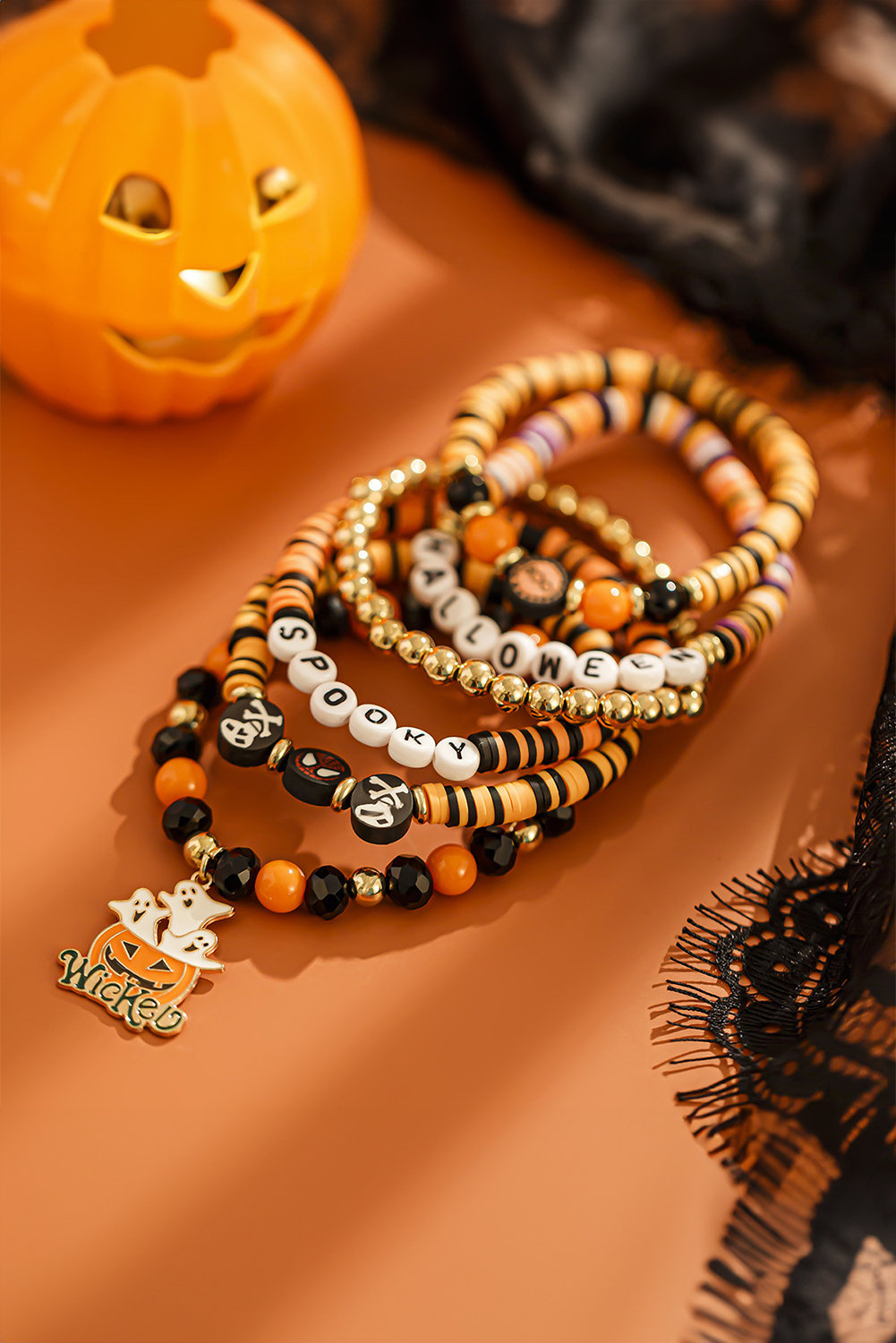 Carrot 6pcs Layered Halloween Pumpkin Ghost Spider Man Charm Stretch Bracelet Set - loveforevers