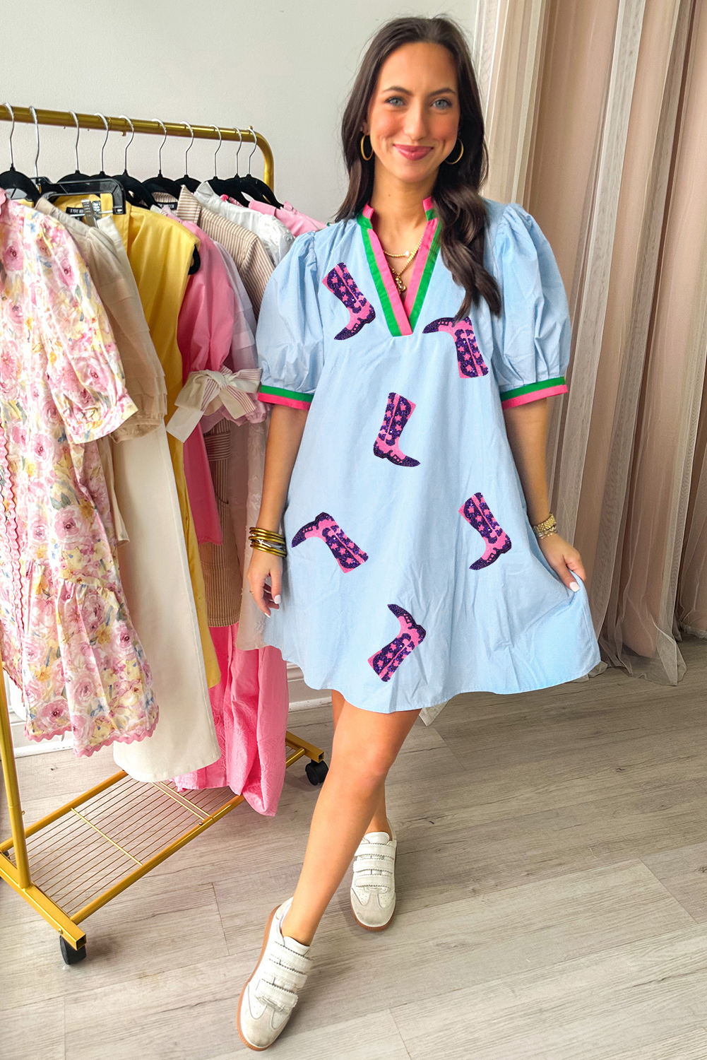 Myosotis Sequined Cowgirl Boots Pattern Contrast V Neckline Half Puff Sleeve Dress - loveforevers