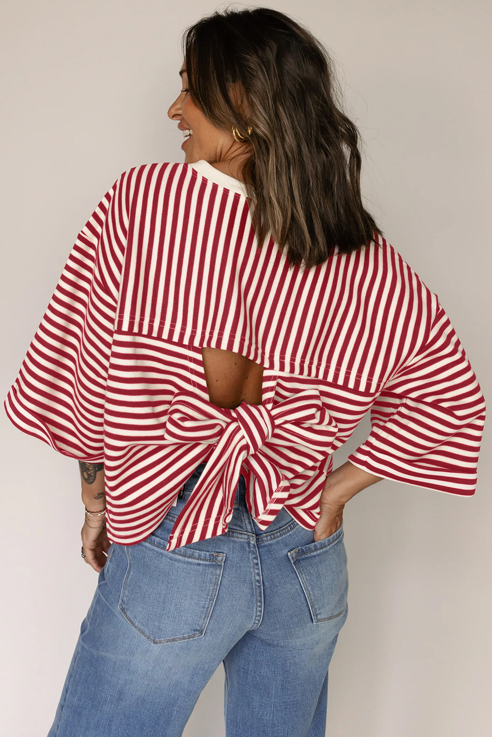 Red Stripe Bowknot Cutout Back Drop Shoulder Wide Bracelet Sleeve Loose Tee - loveforevers