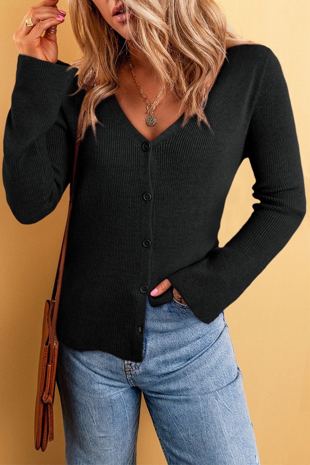 Moss Green Lightweight Ribbed Knit Button Front V Neck Cardigan - loveforevers