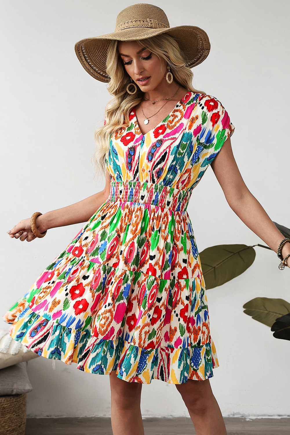 Sky Blue Abstract Print V Neck Dolman Sleeve Ruffle Tiered Mini Dress - loveforevers