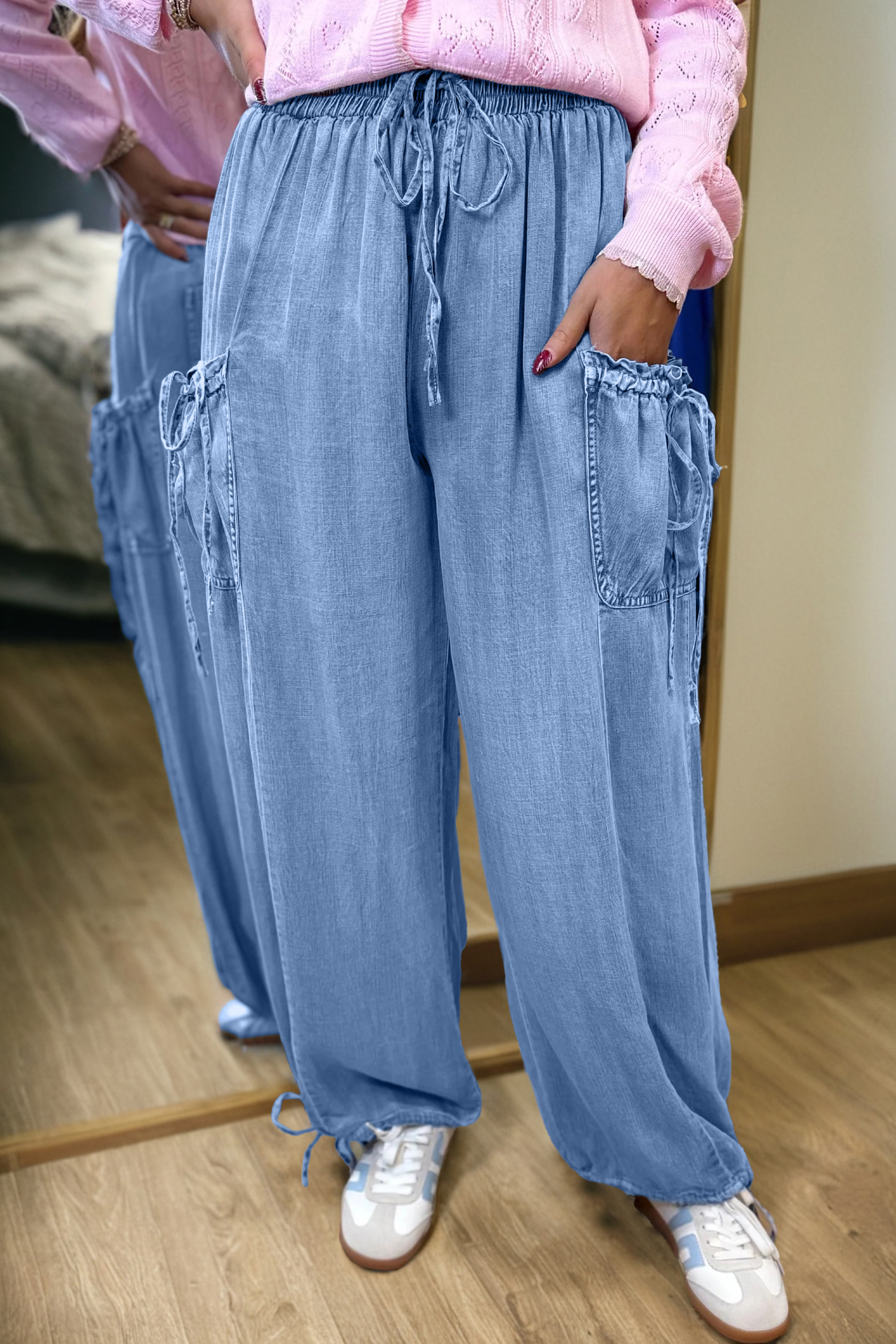 Beau Blue Drawstring Elastic Waist Pocketed Loose Denim Pants - loveforevers