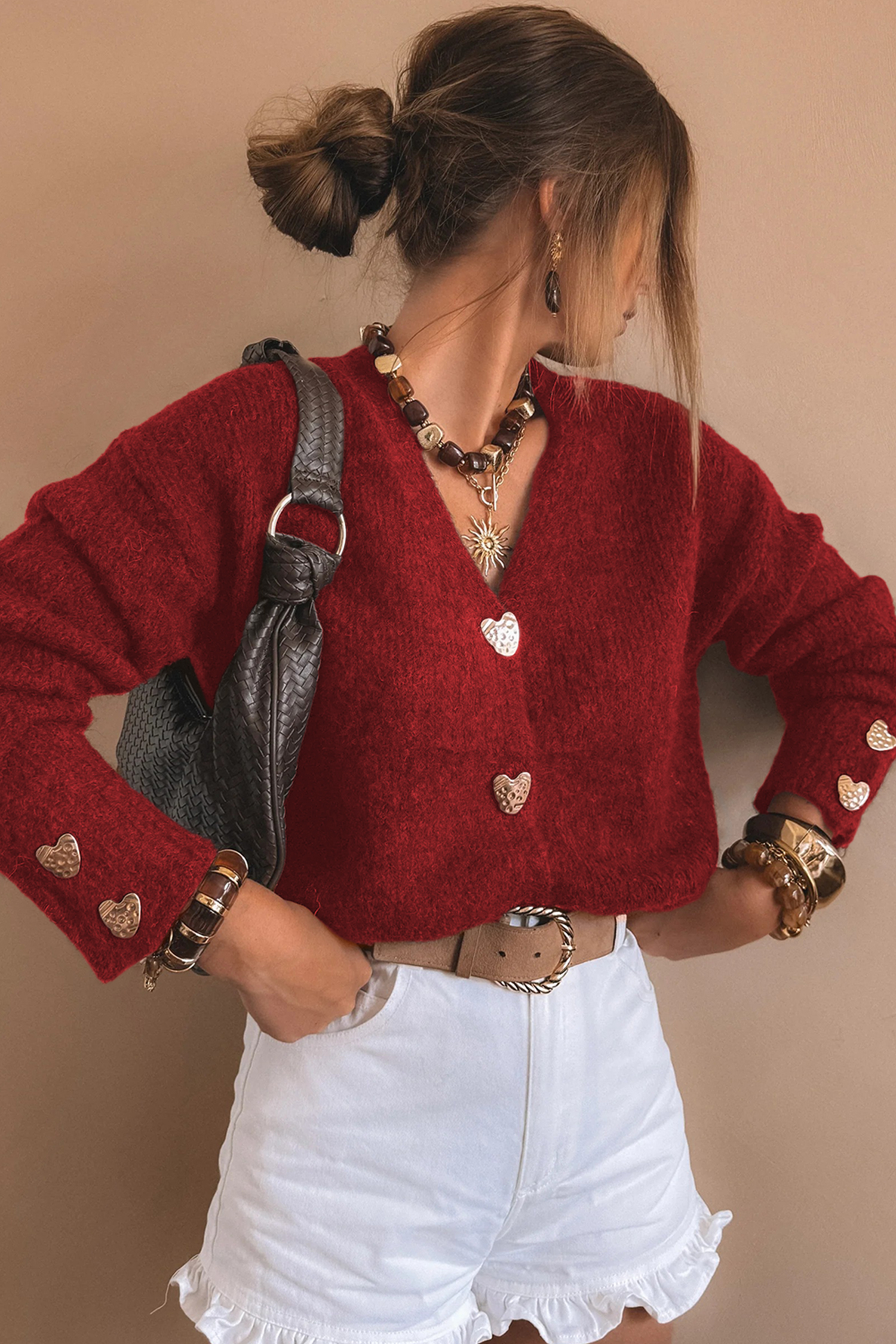 Fiery Red Heart Metal Button V Neck Cardigan Sweater - loveforevers