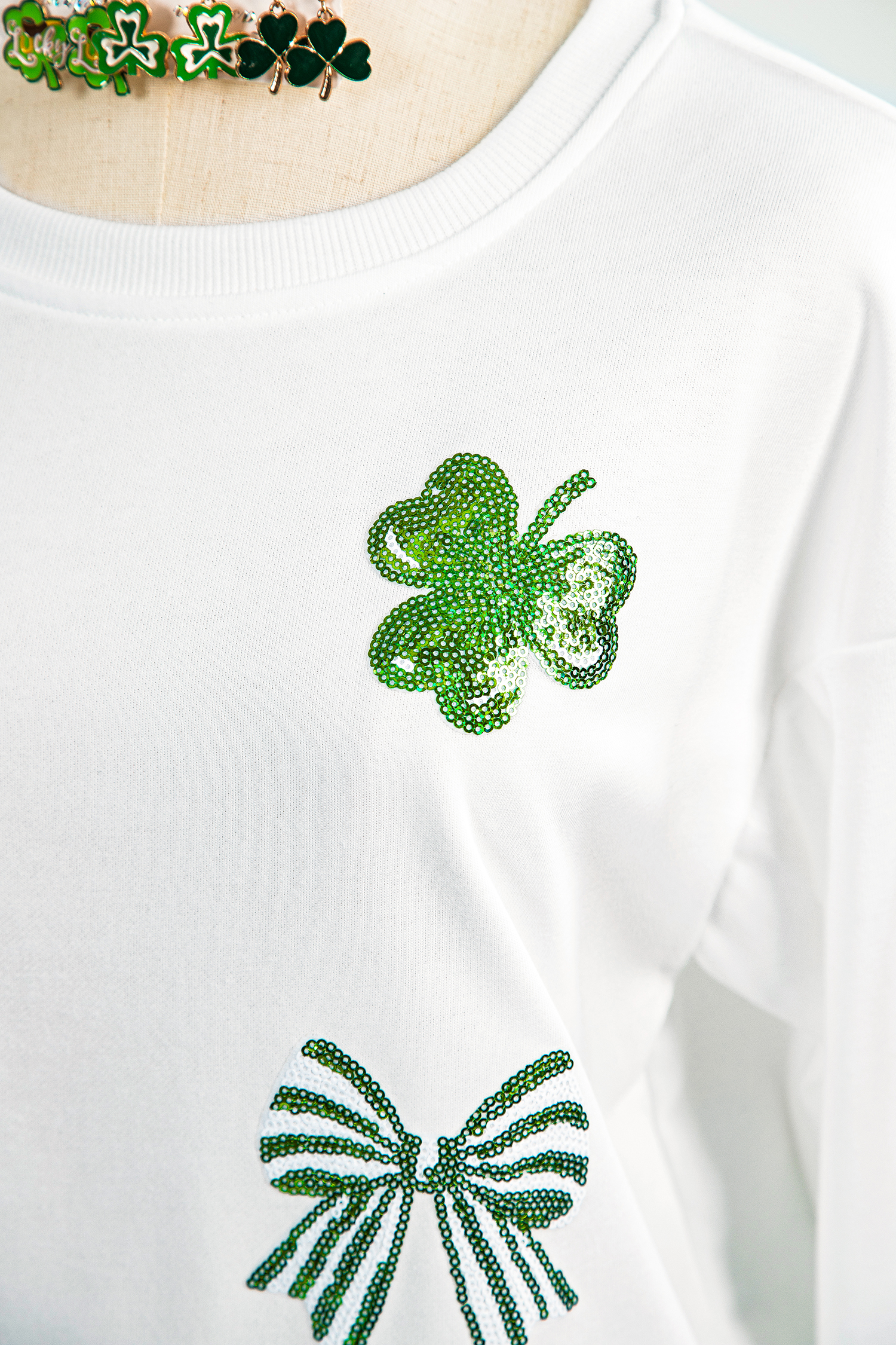 White LUCKY Clover Embroidered Long Sleeve Top - loveforevers