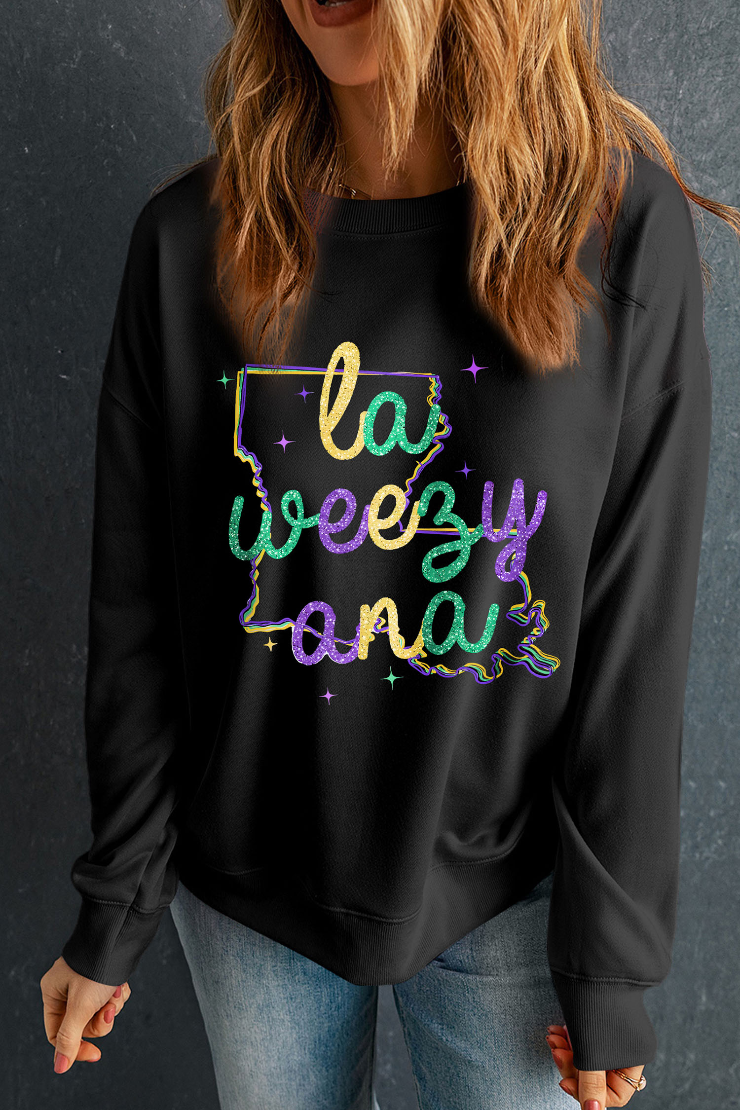 Black la weezy ana Mardi Gras Graphic Pullover Sweatshirt - loveforevers