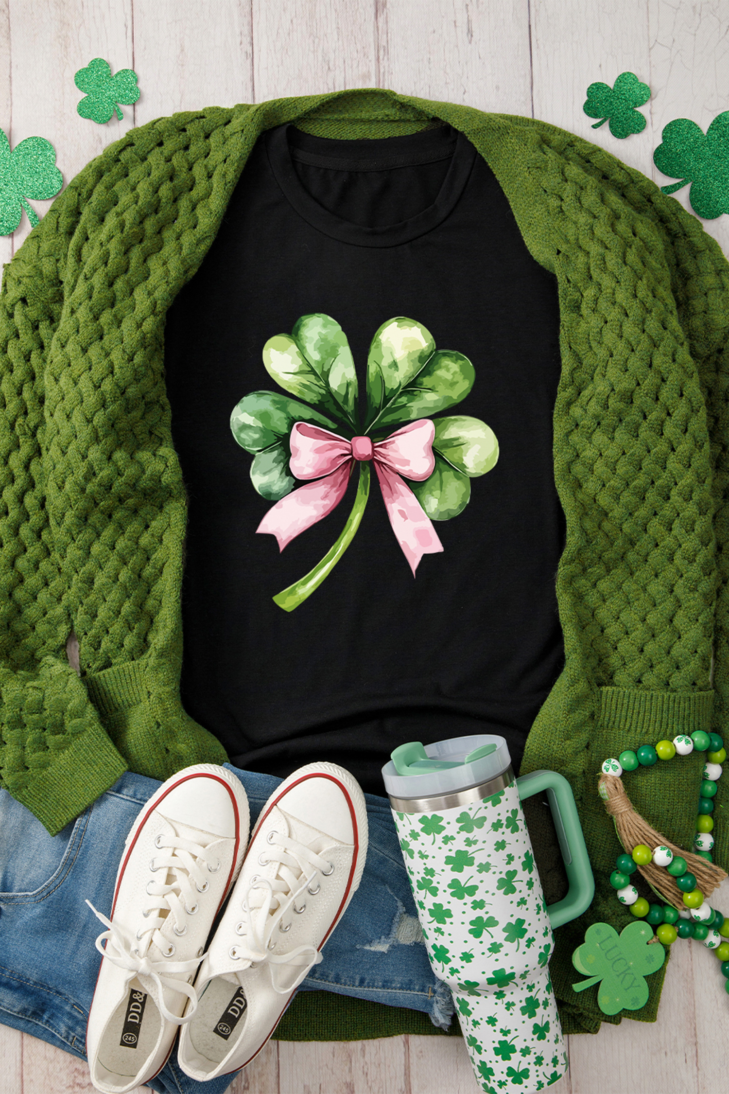 Black Cute Bow Knot Clover Printed Womens Casual Tee - loveforevers