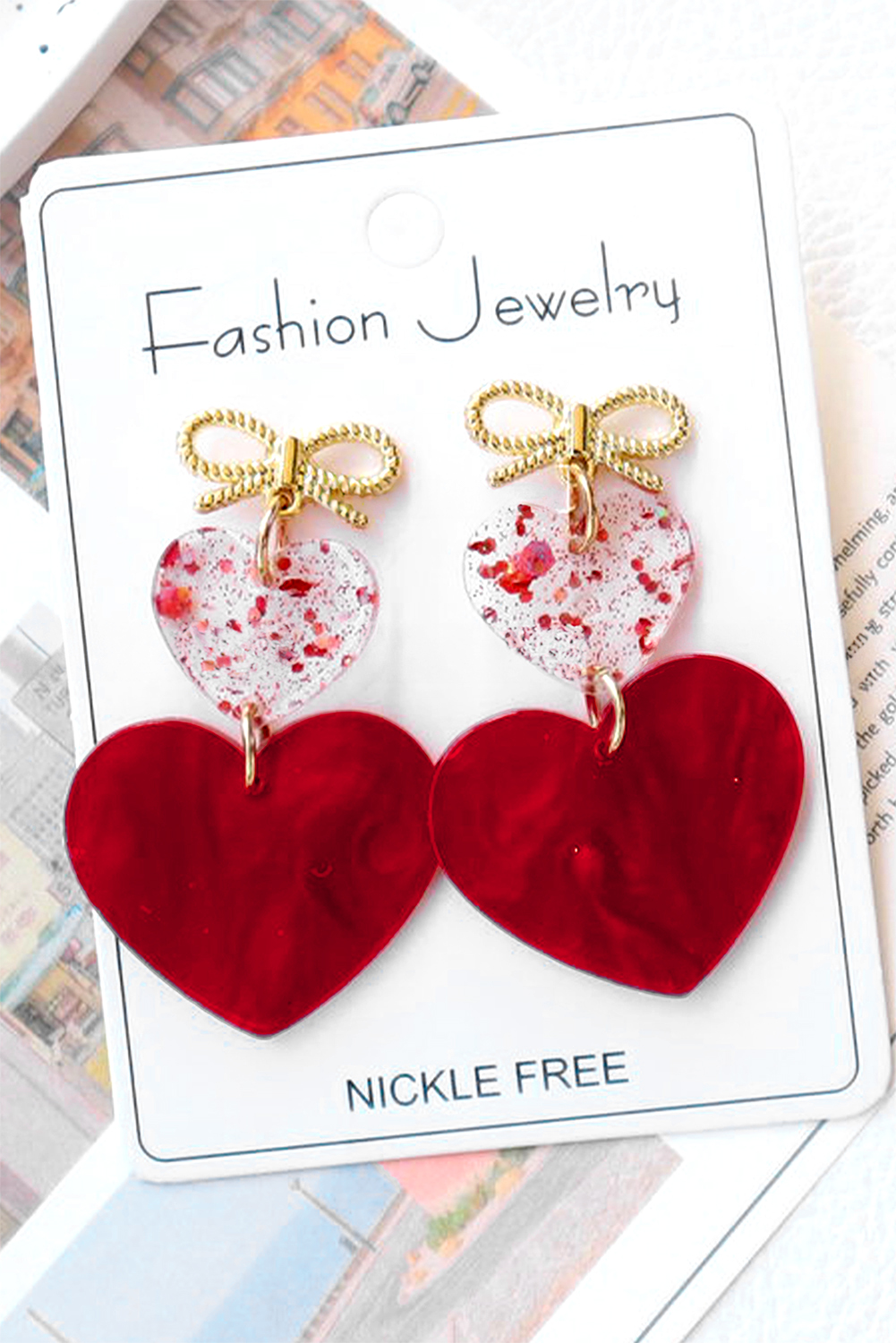 Fiery Red Bow Knot Heart Shape Dangle Earrings - loveforevers