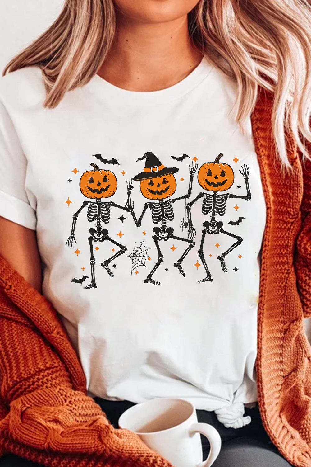 White Halloween Pumpkin Skeleton Graphic Cotton Blend Tee - loveforevers