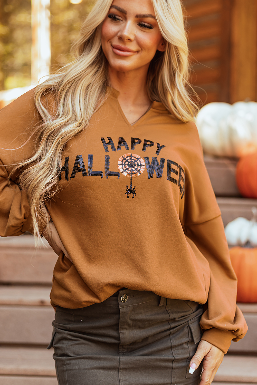 Medium Grey Sequin Happy Halloween Graphic Notched Neck Long Sleeve Loose Top - loveforevers