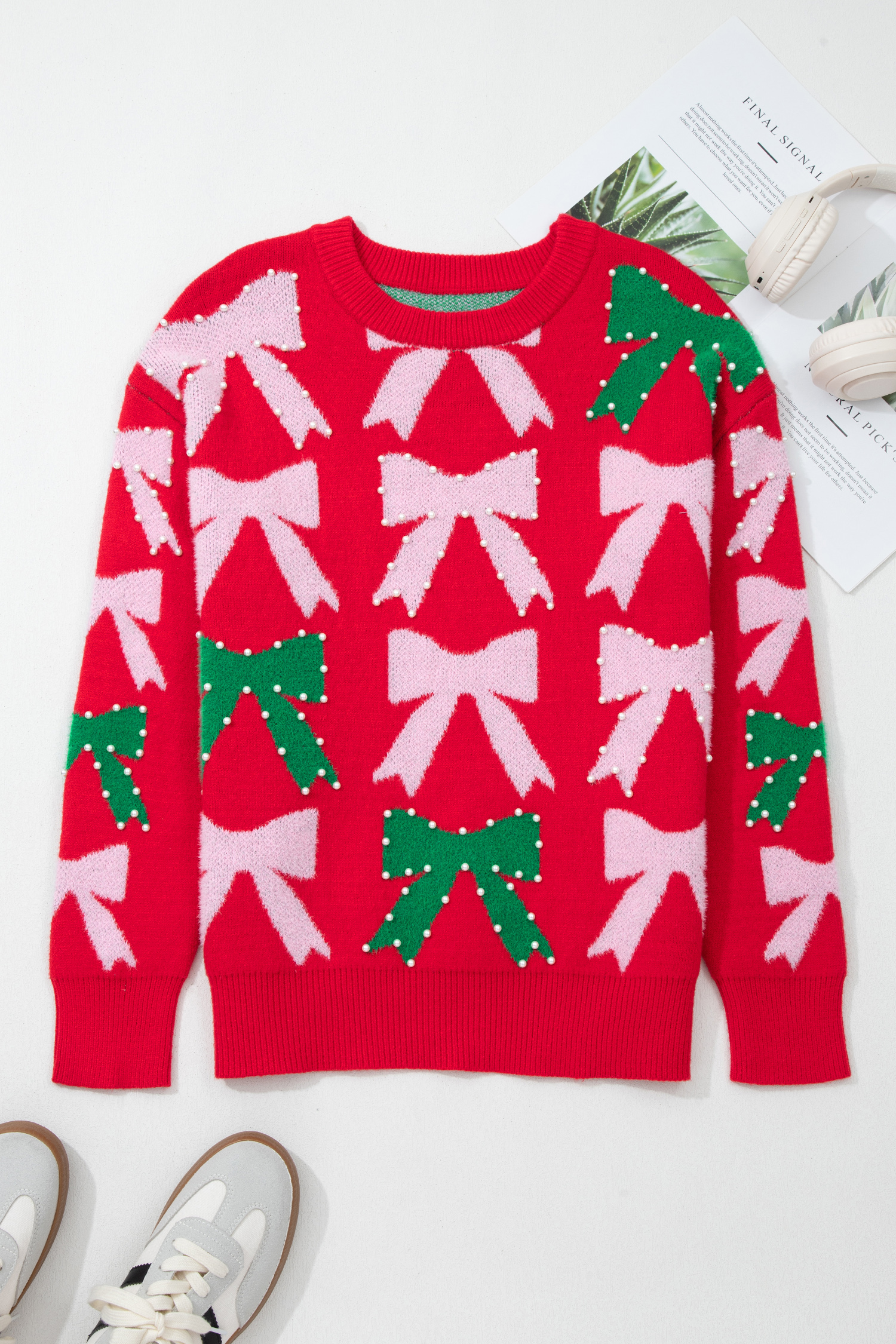 Fiery Red Bow Pearl Embellished Christmas Holiday Sweater - loveforevers