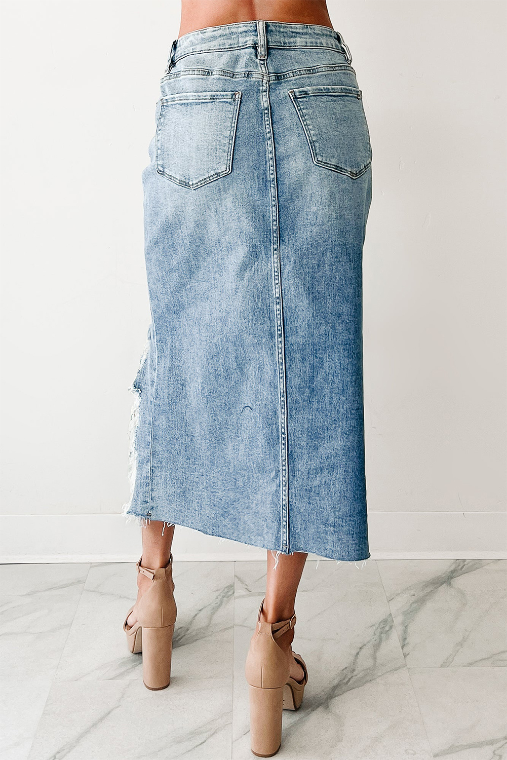 Sail Blue Dearlove Irregular Distressed Bottom Denim Midi Skirt - loveforevers