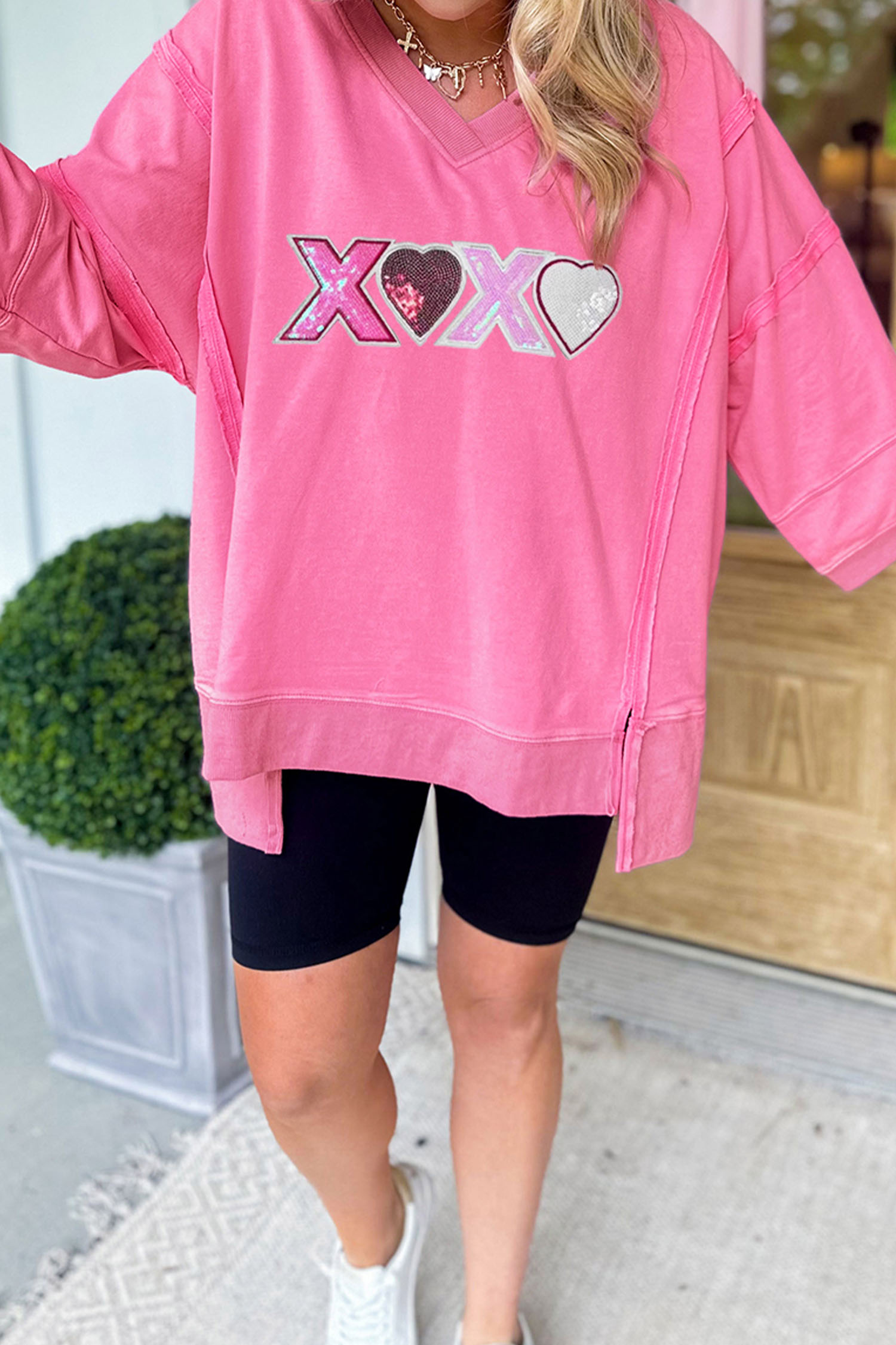 Bonbon Raw Seam Detail XOXO Sequin Patched Graphic V Neck 3/4 Sleeve Top - loveforevers