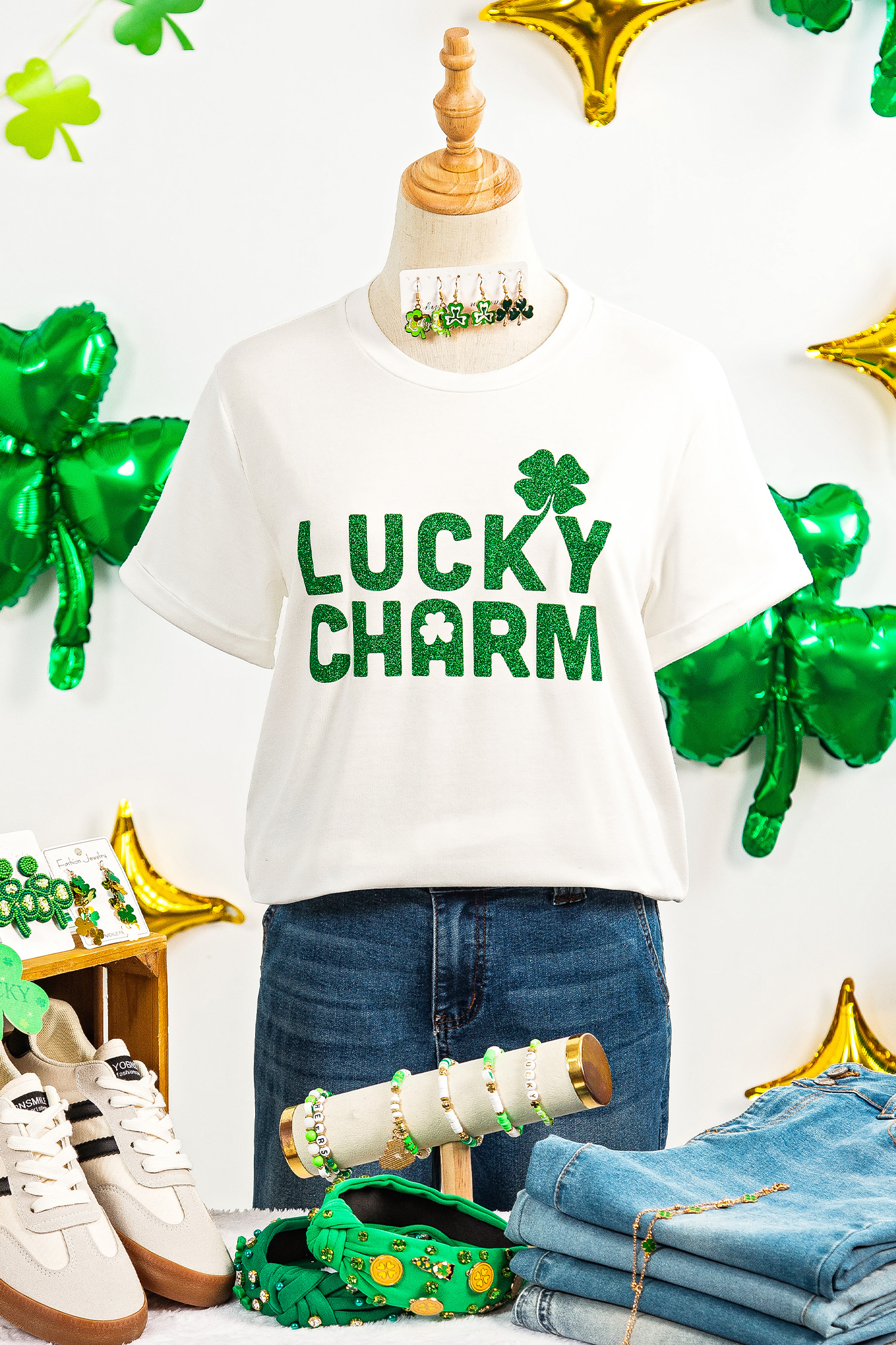 White LUCKY CHARM Shimmery Print St Patricks Day Clover T Shirt - loveforevers