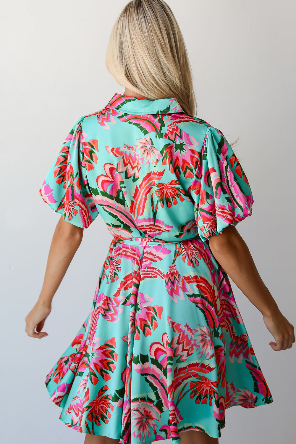 Green Abstract Print Lace-up High Waist Buttoned Mini Dress - loveforevers