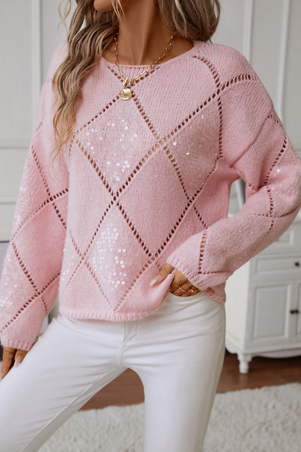 Dusk Blue Hollowed Rhombus Pattern Sequin Detail Round Neck Sweater - loveforevers