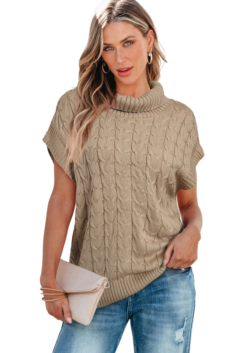 Medium Grey Cable Knit Turtleneck Batwing Sleeve Sweater - loveforevers