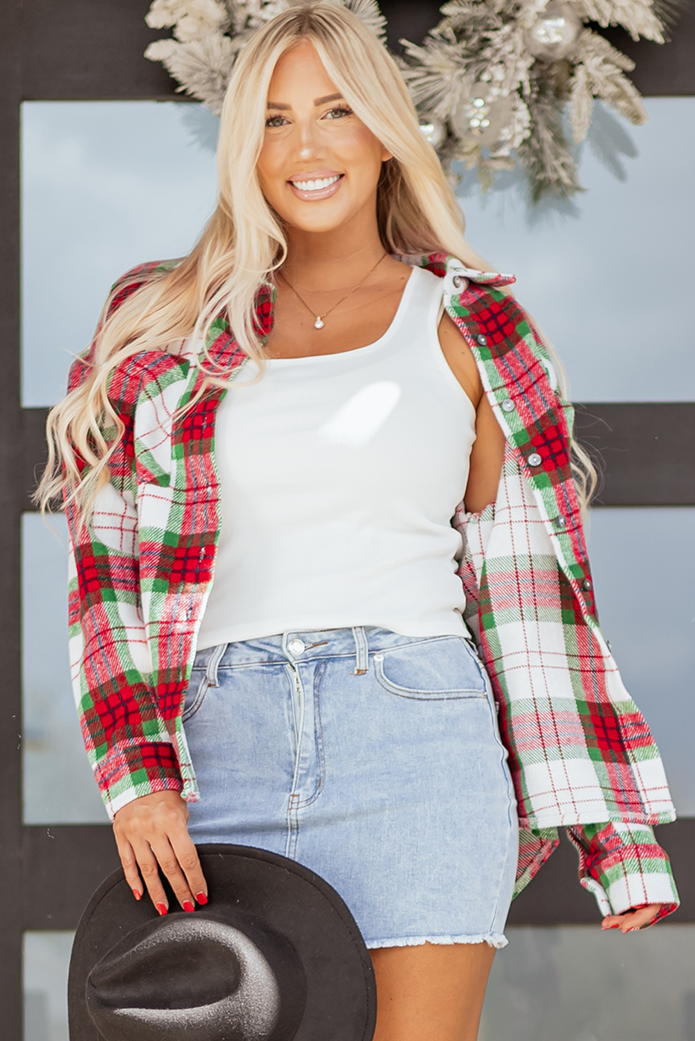 Red Christmas Plaid Casual Flannel Shacket - loveforevers