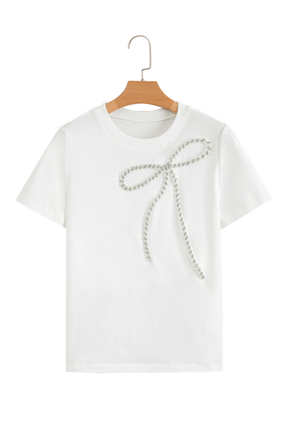 White Rhinestone Bow Embellished Round Neck Tee - loveforevers