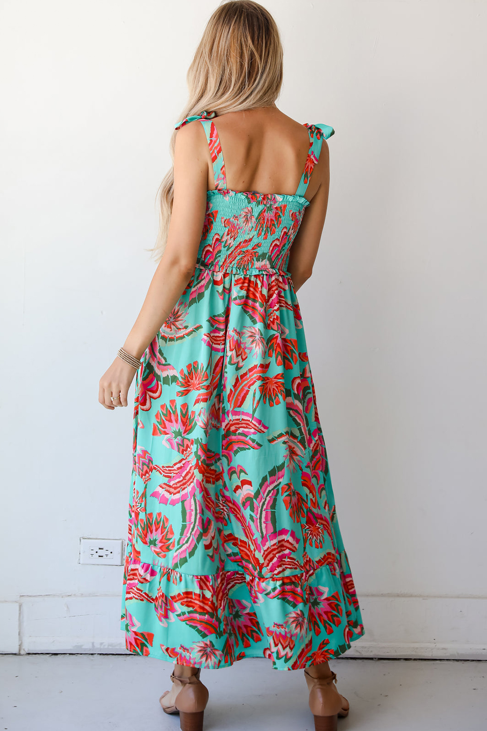 Green Abstract Print Smocked Bodice Knotted Straps Ruffled Maxi Dress - loveforevers