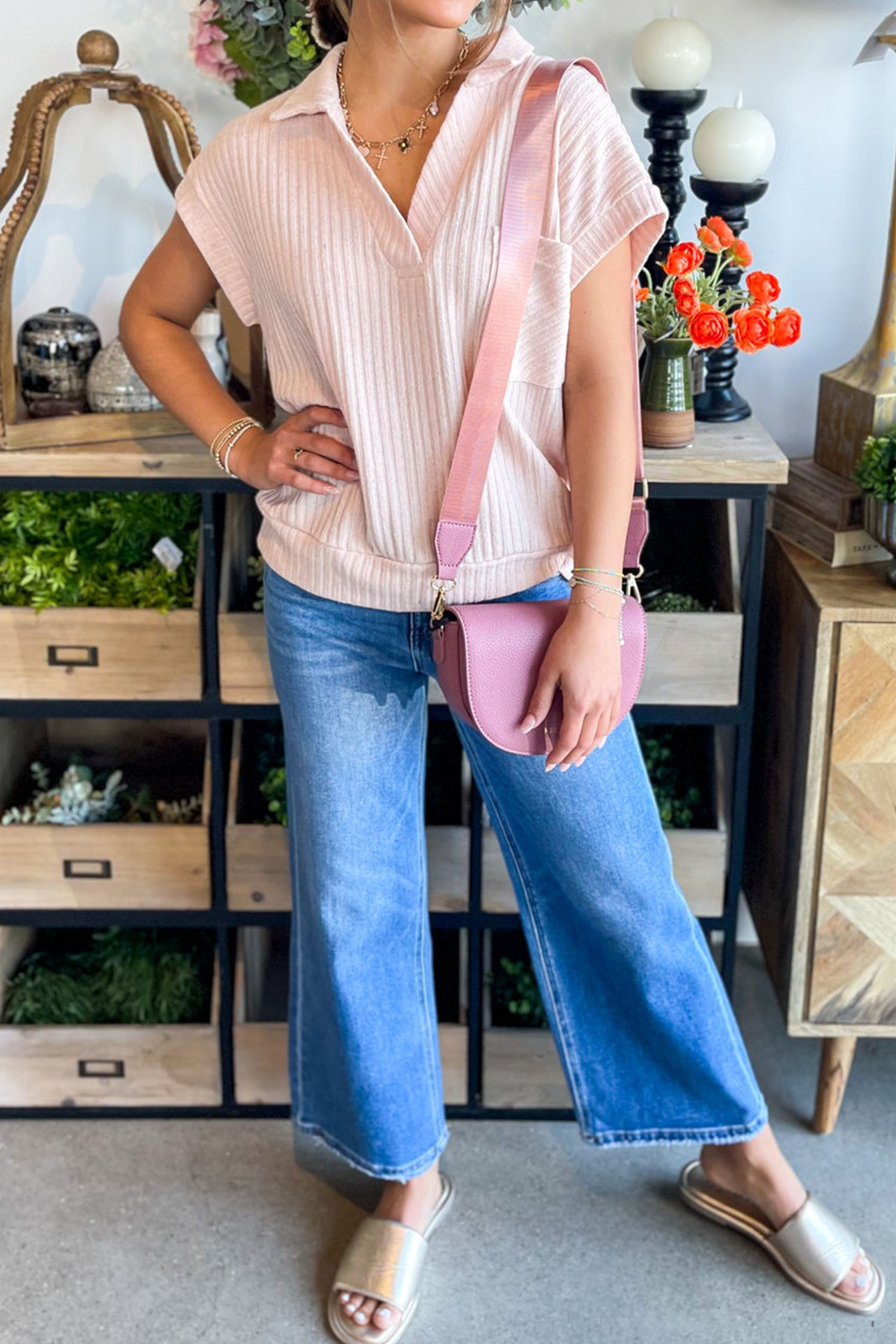 Light Pink Collared V Neck Ribbed Tee - loveforevers