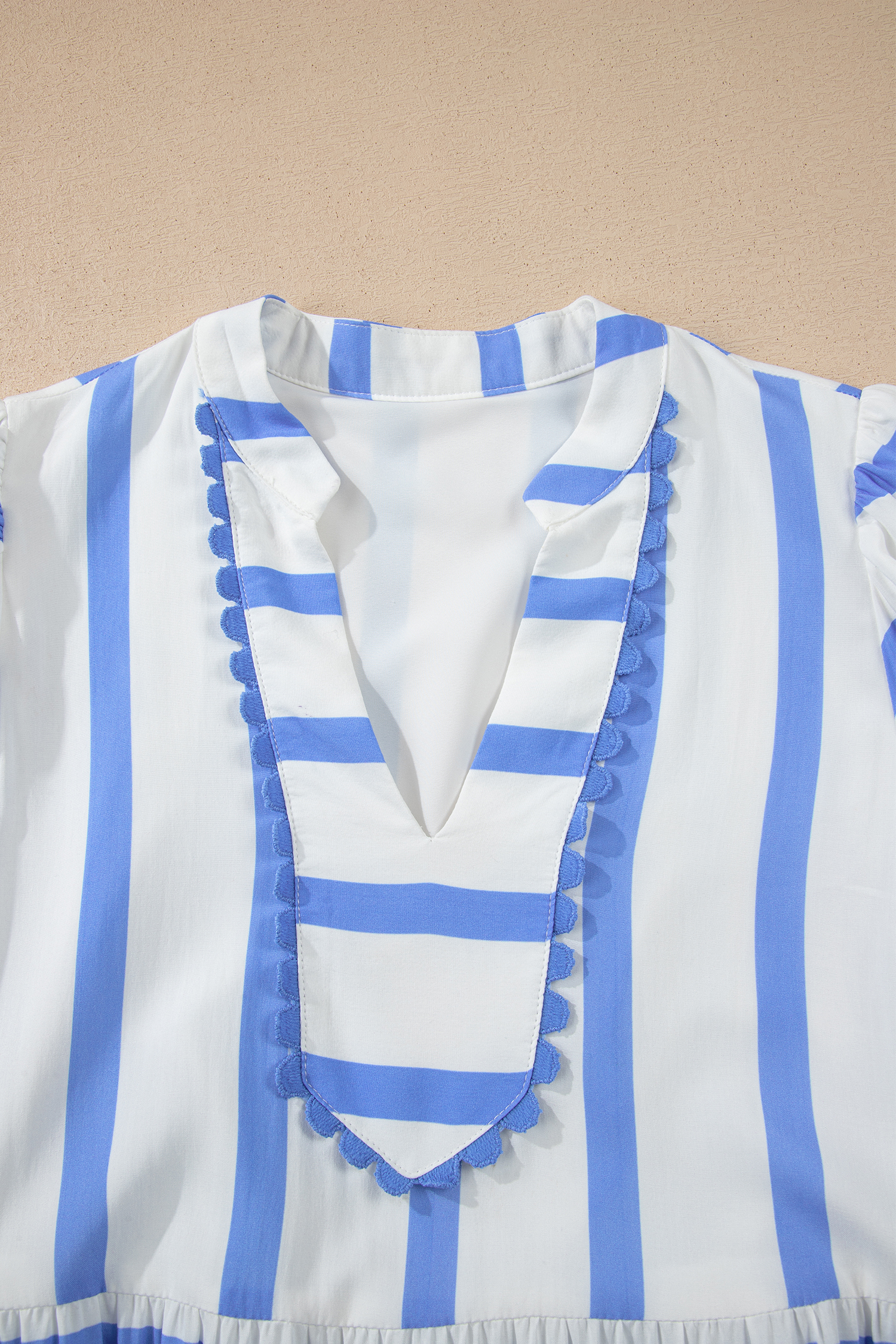 Sky Blue Stripe Ricrac Trim Notched Neck Half Sleeve Vacation Dress - loveforevers