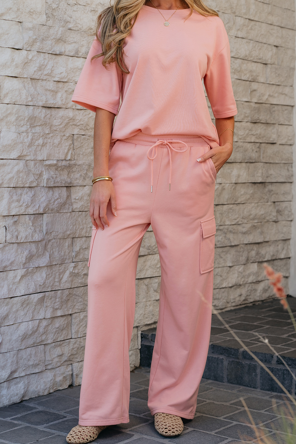 Apricot Pink Half Sleeve T-Shirt & Cargo Sweatpants Set - loveforevers