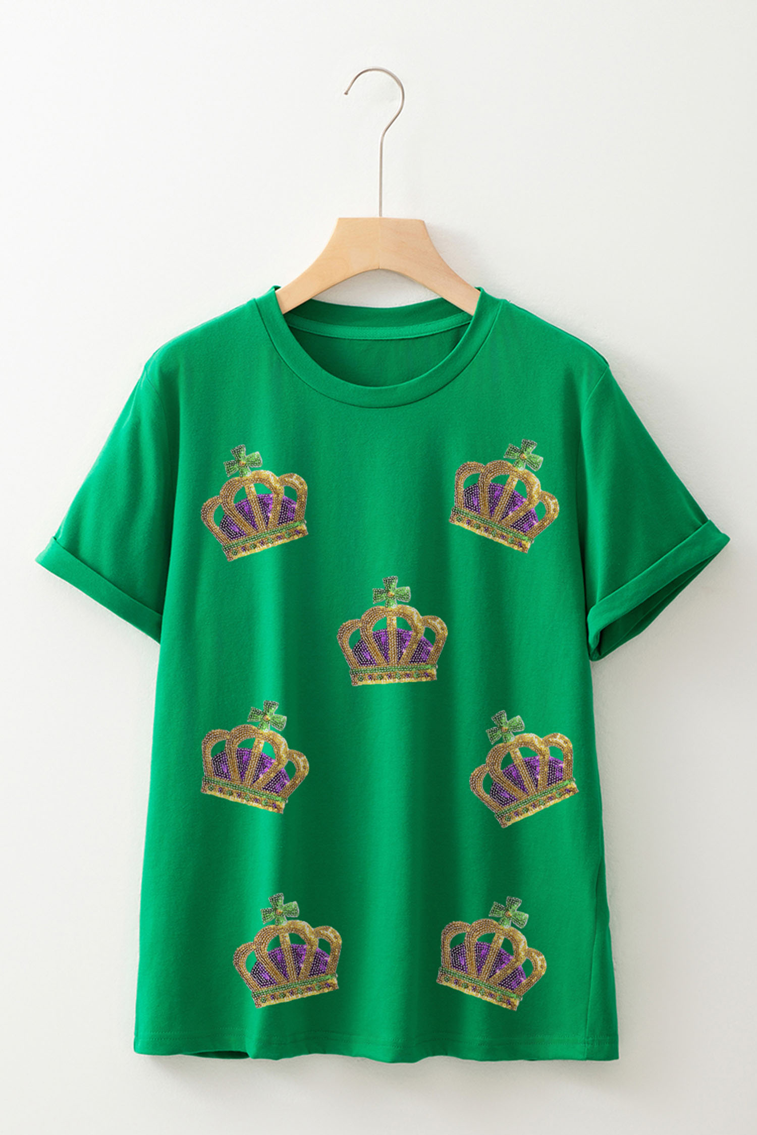 Bright Green Sequin Mardi Gras Crown Rolled Sleeve T Shirt - loveforevers
