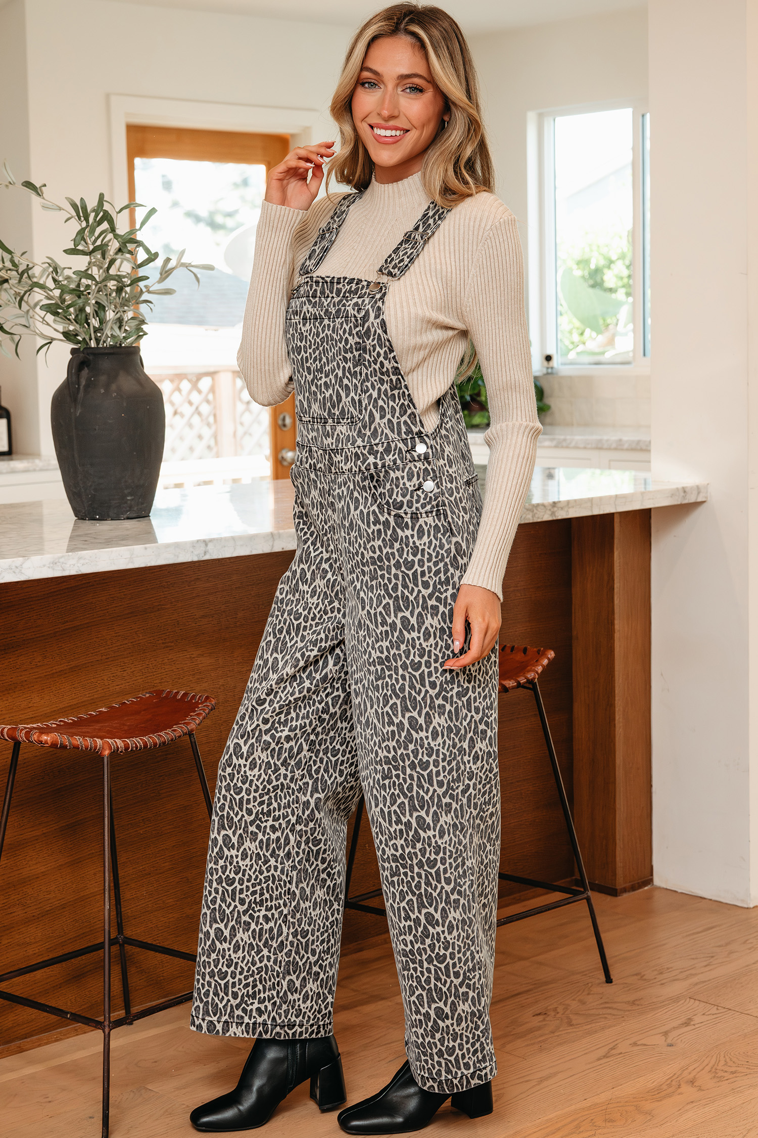 Brown  Leopard Print Straight Leg Loose Denim Overall Jumpsuit - loveforevers
