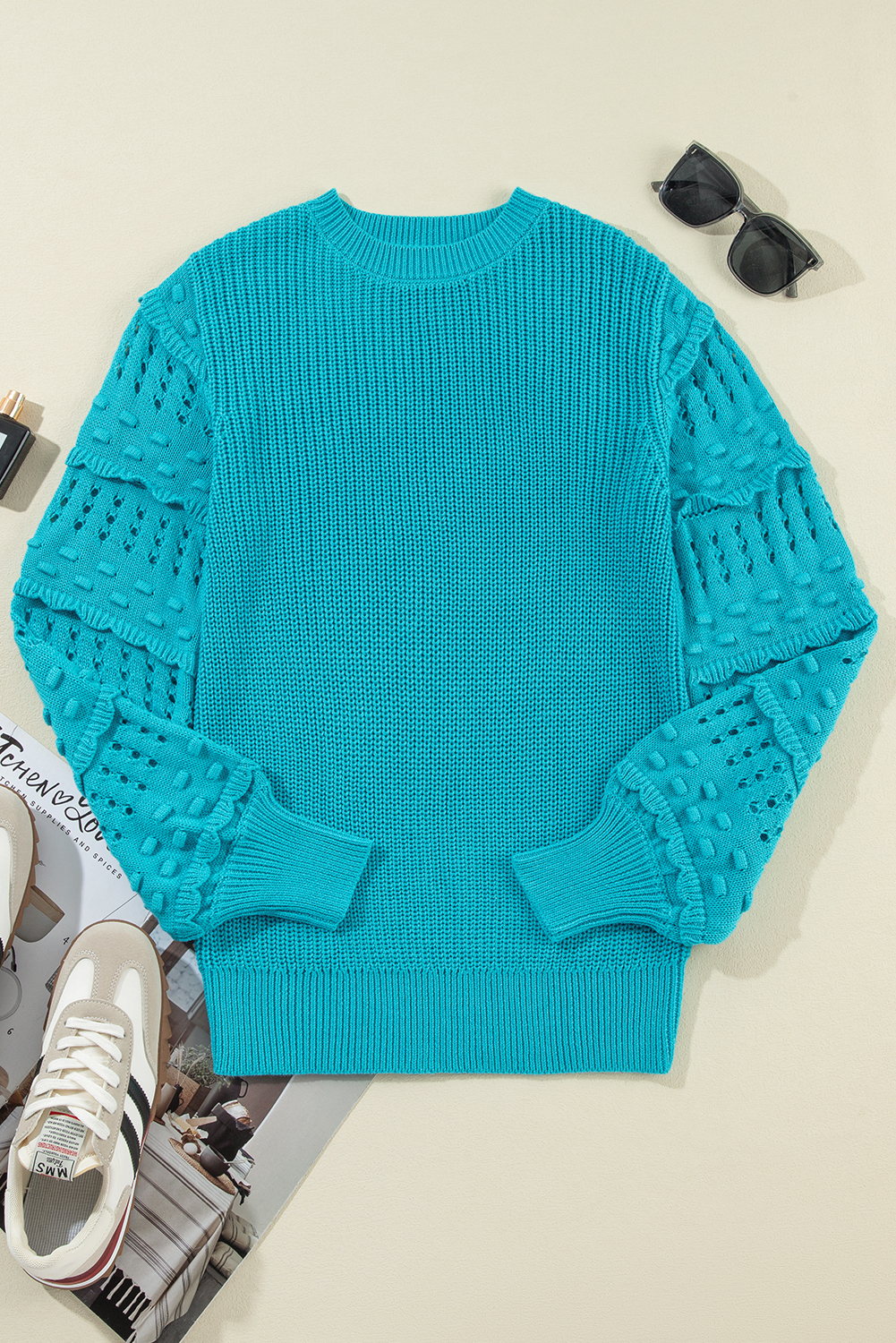 Turquoise Ruffled Eyelet Bubble Sleeve Sweater - loveforevers