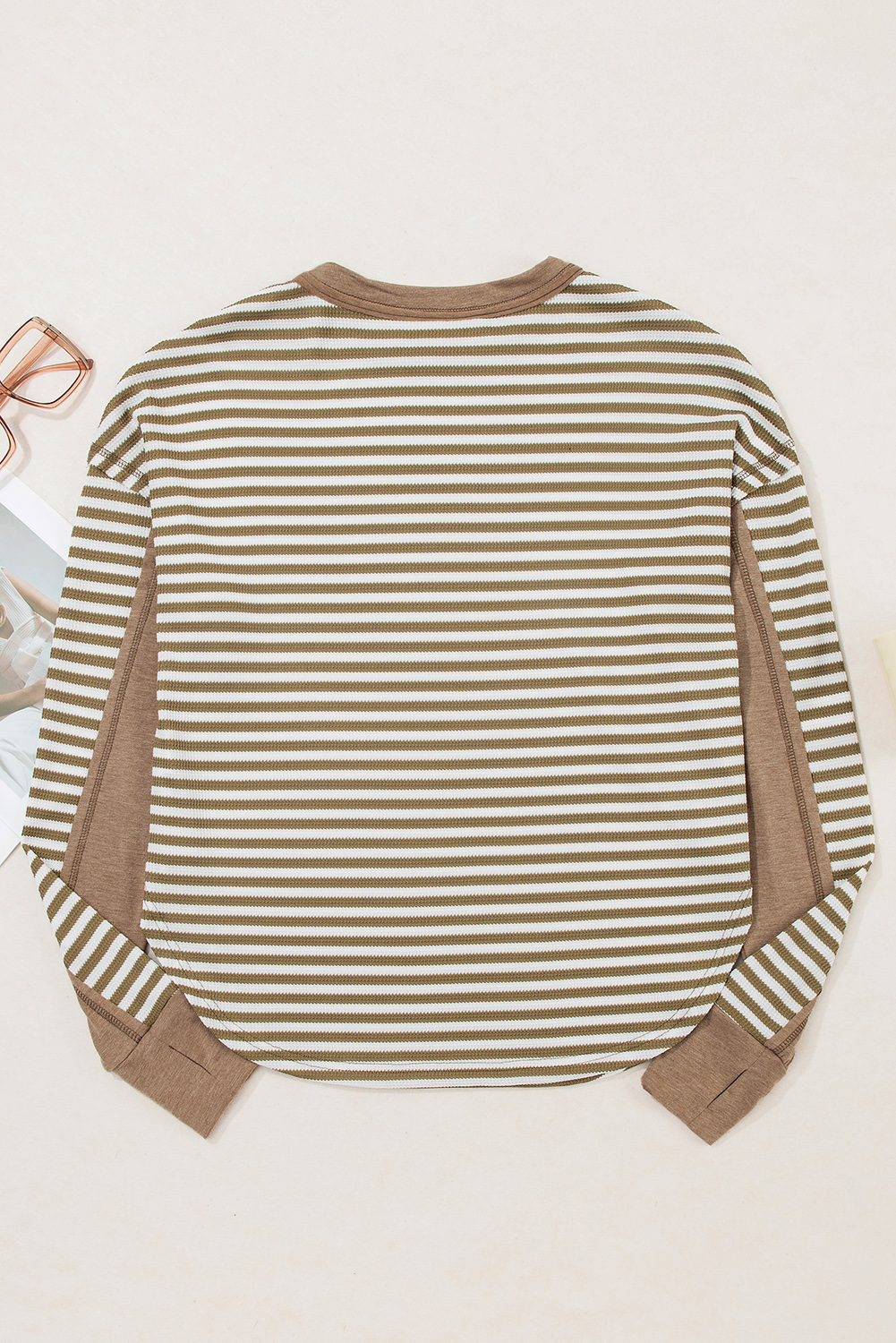 Dearlovers Green Stripe Thermal Knit Drop Shoulder Casual Top - loveforevers