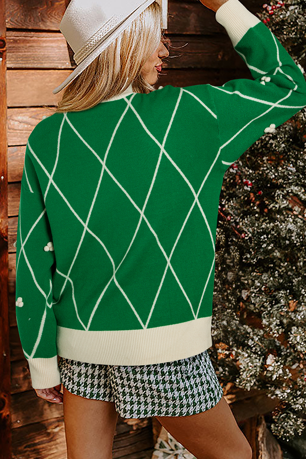 Dark Green Diamond Pattern Pom Accents Contrast Trim High Neck Sweater - loveforevers