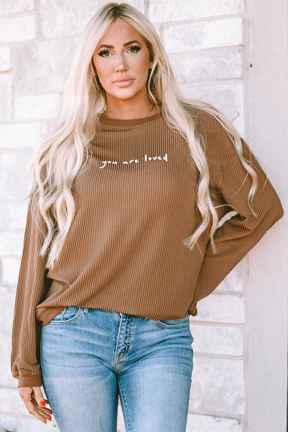 Khaki You Are Loved Print Corduroy Sweatshirt - loveforevers