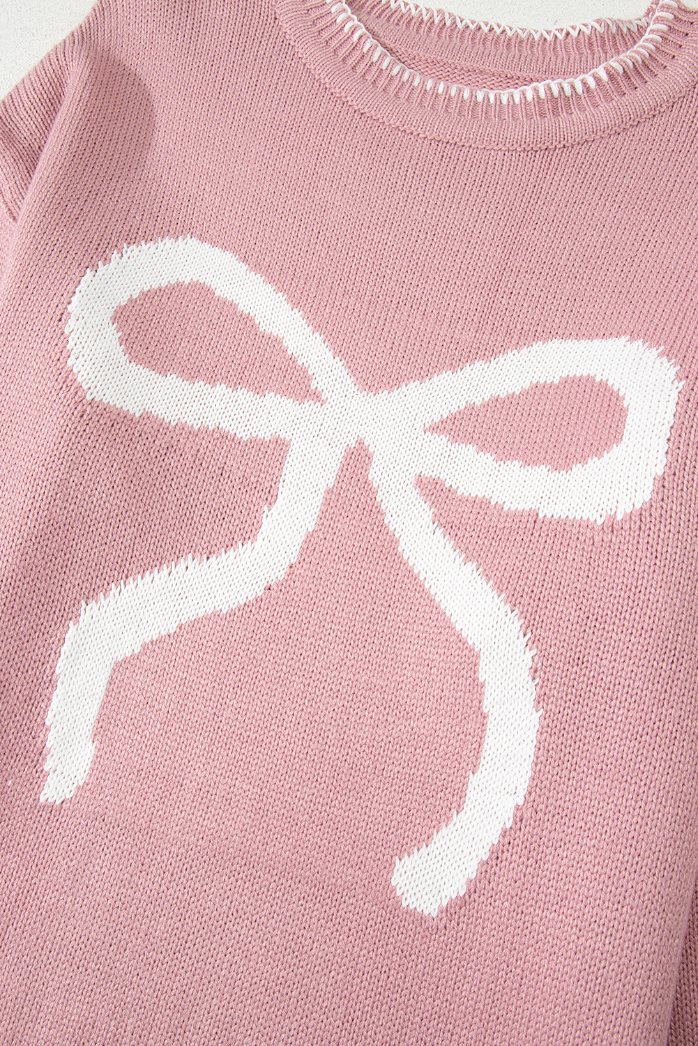 White Bow Pattern Contrast Trim Christmas Loose Graphic Sweater - loveforevers