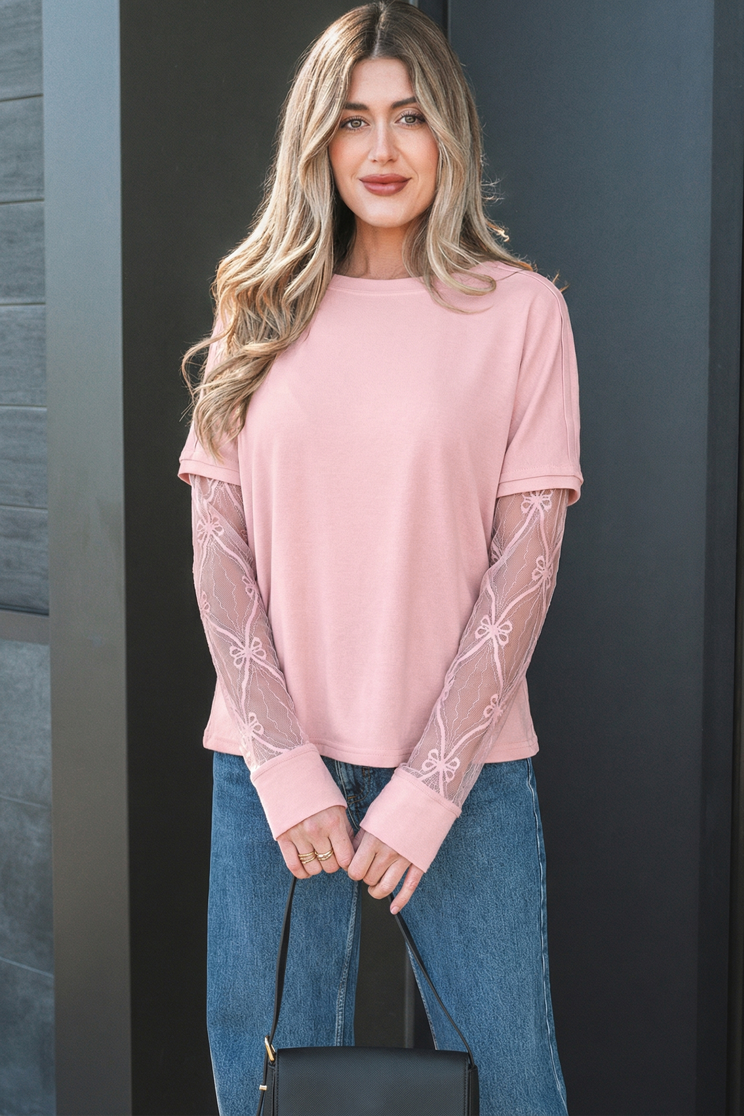 Light Pink Solid Color Bow Textured Patchwork Long Sleeve Tee - loveforevers