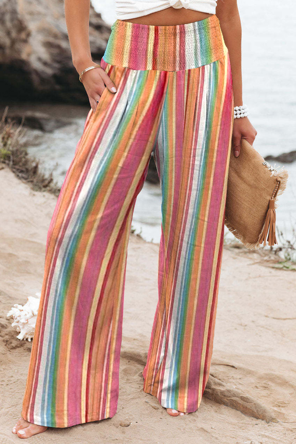 Multicolor Striped Smocked High Waist Wide Leg Pants - loveforevers