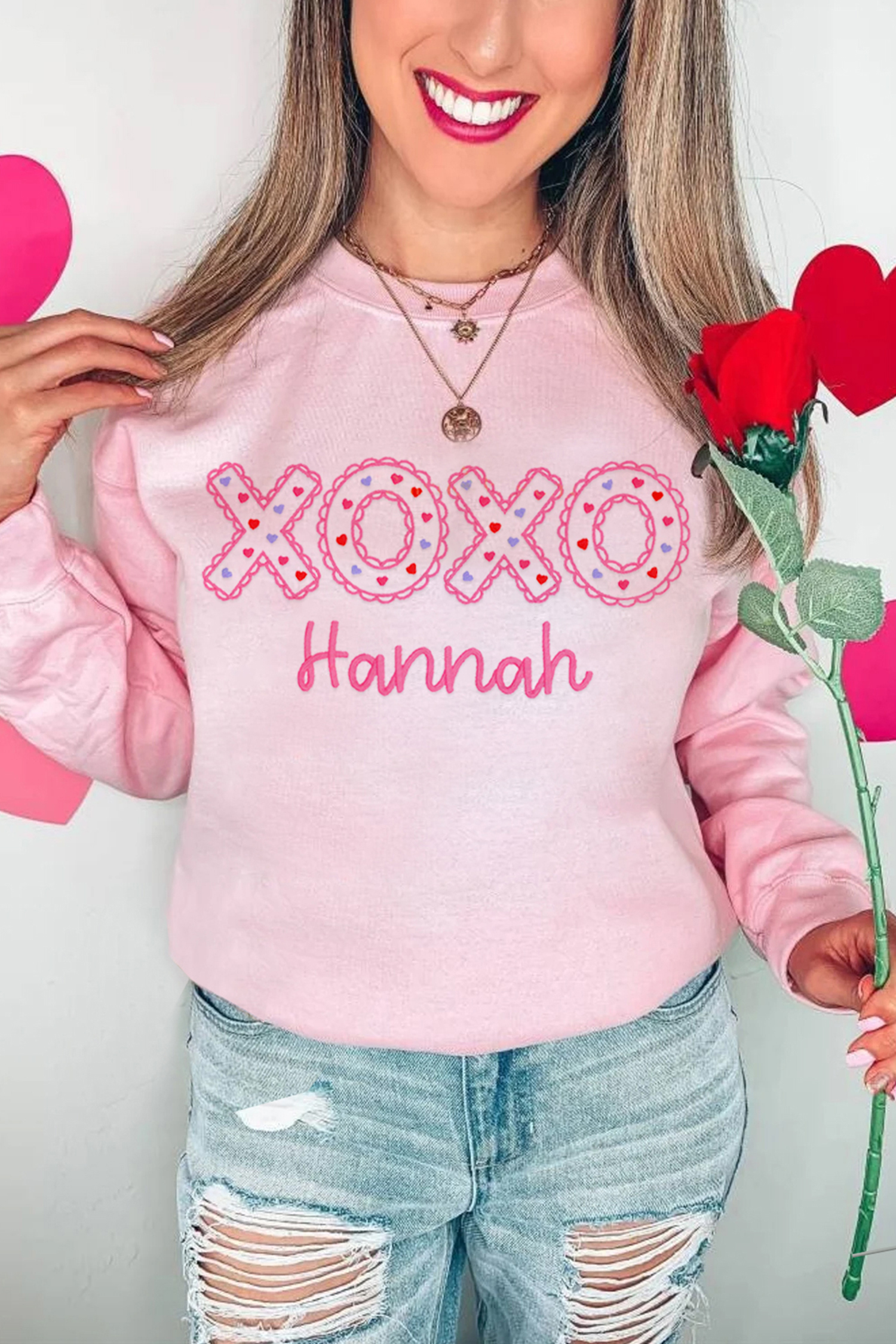 Pink Playful XOXO Letter Embroidered Hannah Pullover Sweatshirt - loveforevers
