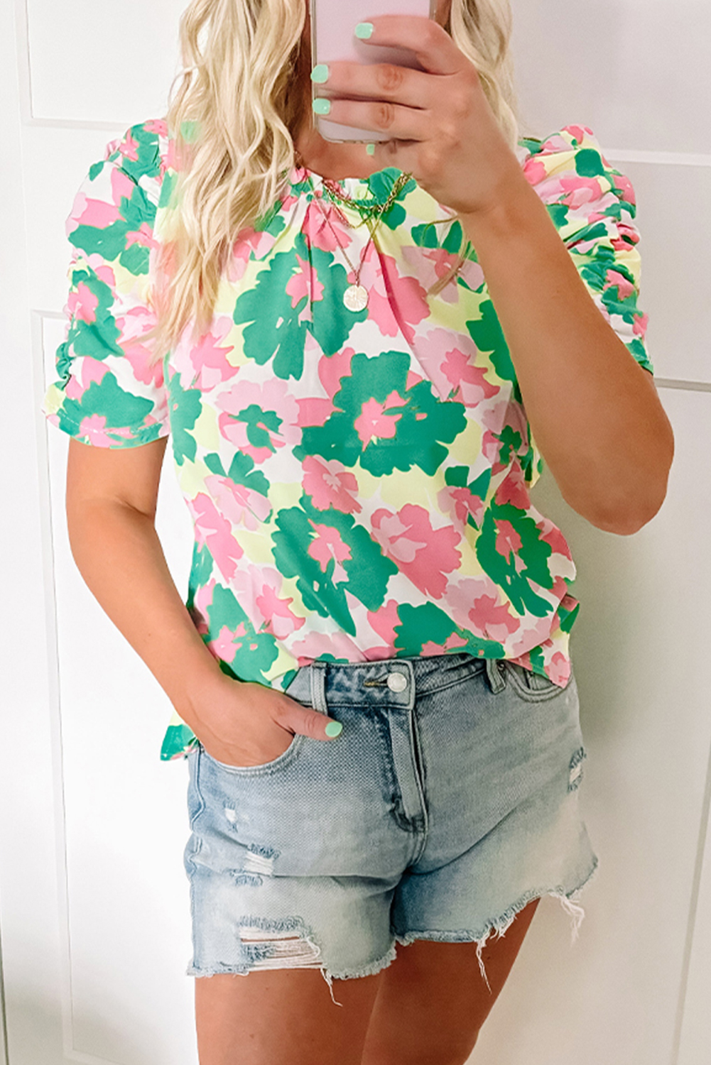 Green Abstract Print Frilly Neck Ruched Short Sleeve Blouse - loveforevers
