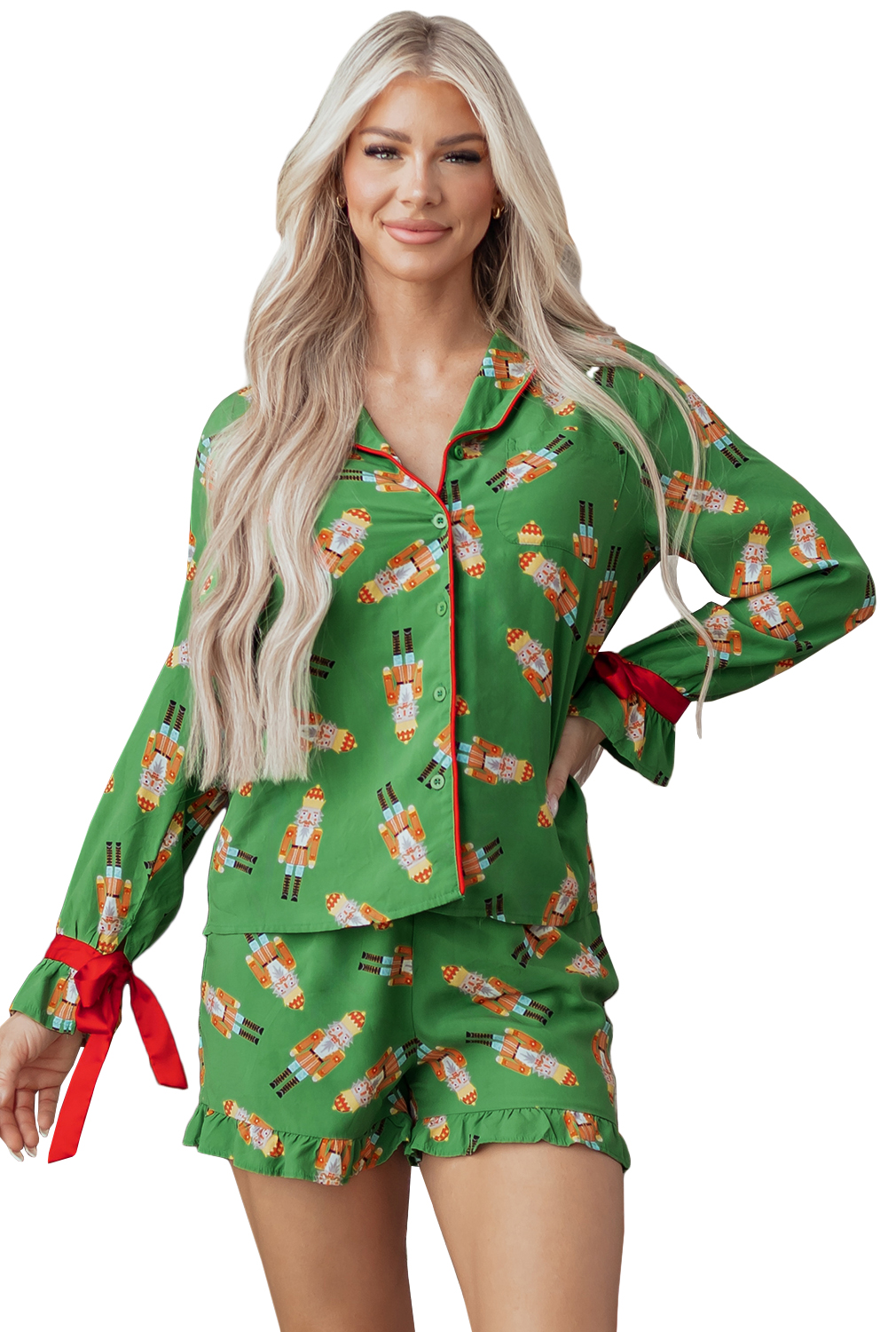 Green Christmas Candy Contrast Trim Bow Knot Silky 2pcs Pajama Set - loveforevers