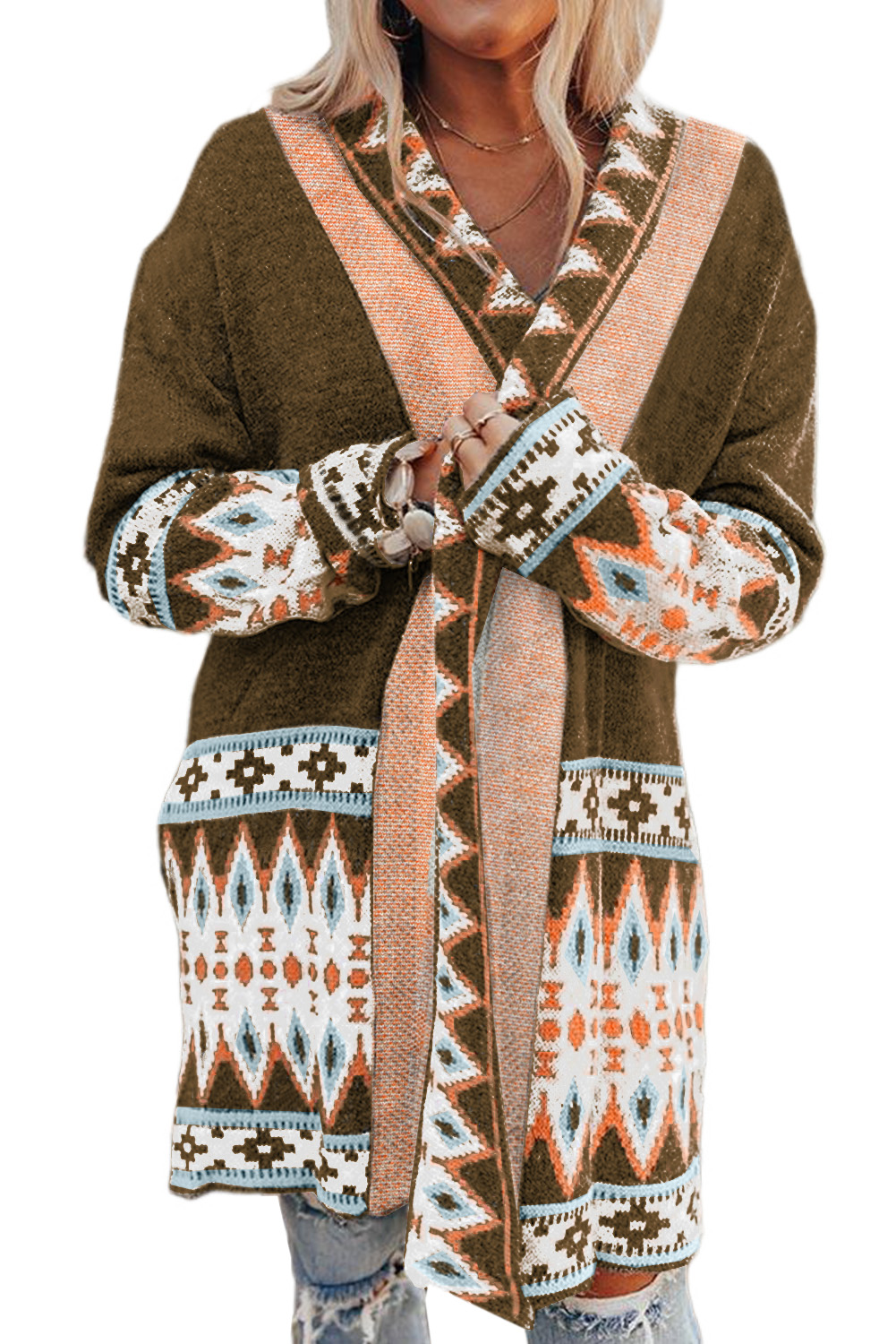 Brown Aztec Print Open Front Knitted Cardigan - loveforevers