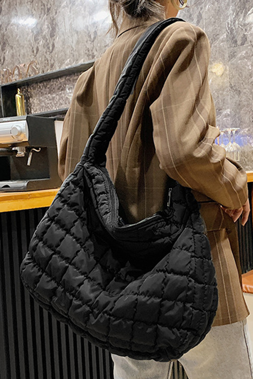 Black Quilted Zipper Large Shoulder Bag - loveforevers