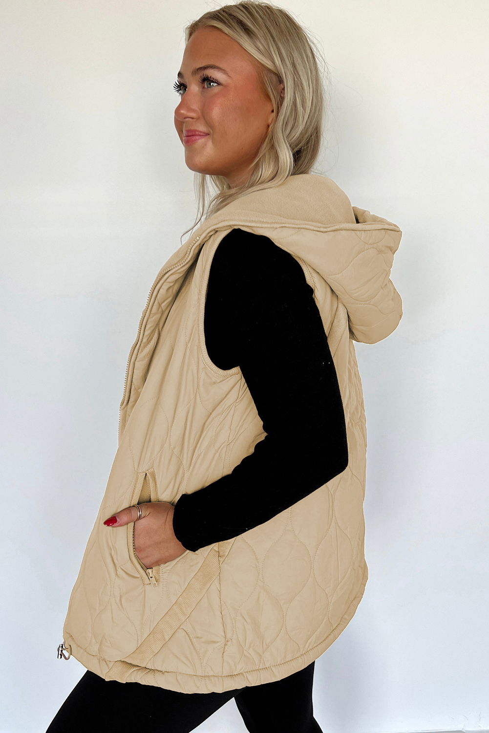 Pale Khaki Quilted Padded Casual Winter Jacket Vest with Fleece Lining - loveforevers