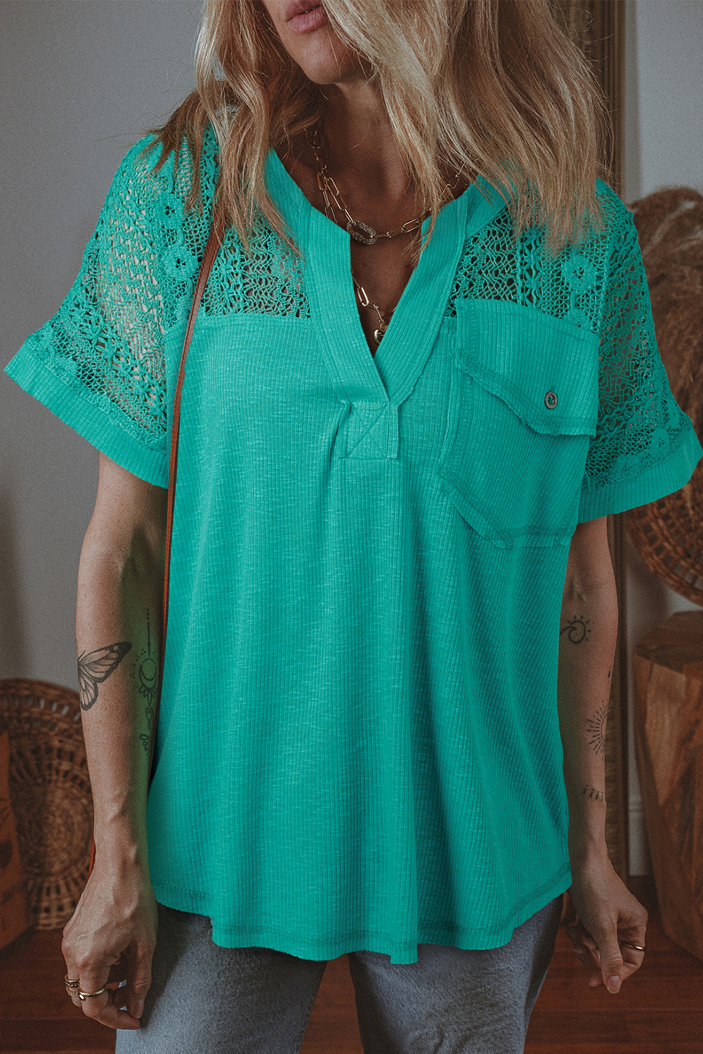 Sea Green Lace Patchwork Split Neck Textured Short Sleeve Blouse - loveforevers